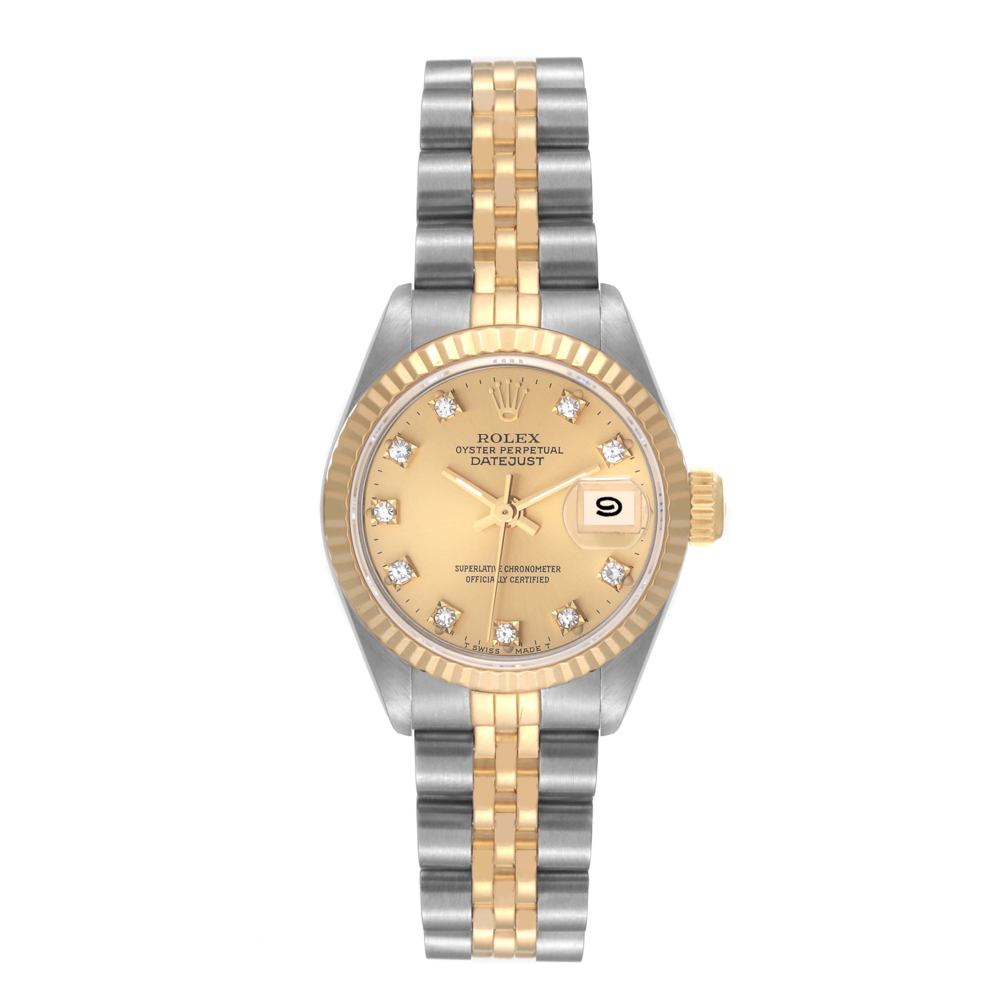 The Rolex Datejust 69173 Women's Steel and Gold (two tone) Champagne Dial 69173 Women's Steel and Gold (two tone) Champagne Dial watch is shown from a top-down angle, featuring its dial, bracelet, and bezel.