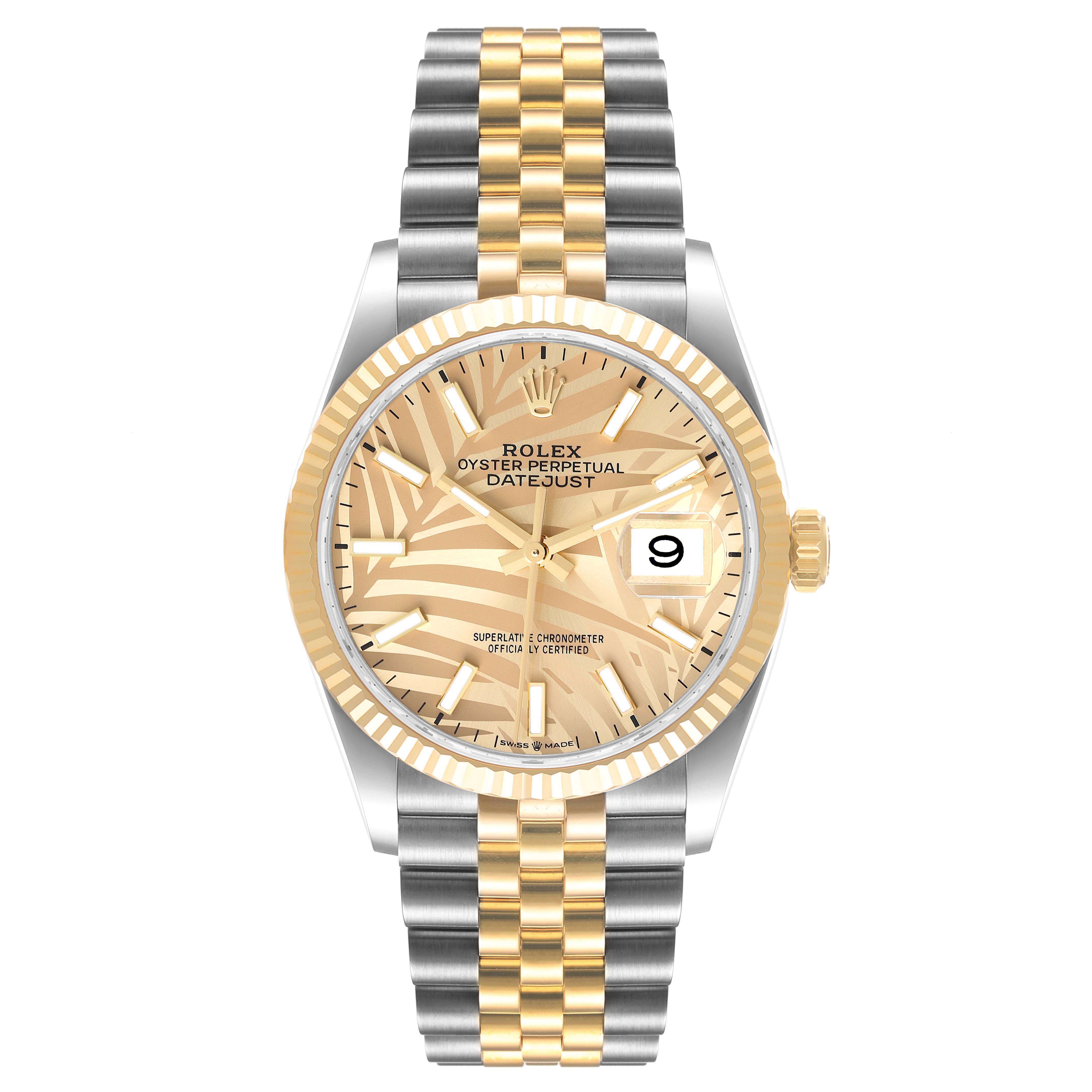 This image shows a front-facing Rolex Datejust 126233 Men's Steel and Gold (two tone) Champagne Dial 126233 Men's Steel and Gold (two tone) Champagne Dial watch featuring a two-tone bracelet and a patterned dial.