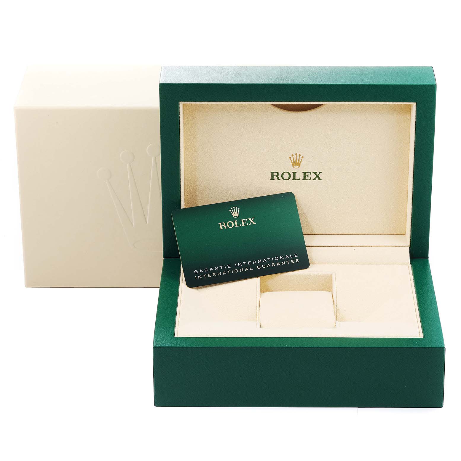 The image shows an open Rolex Datejust 126233 Men's Steel and Gold (two tone) Champagne Dial 126233 Men's Steel and Gold (two tone) Champagne Dial watch box and a guarantee card placed inside.