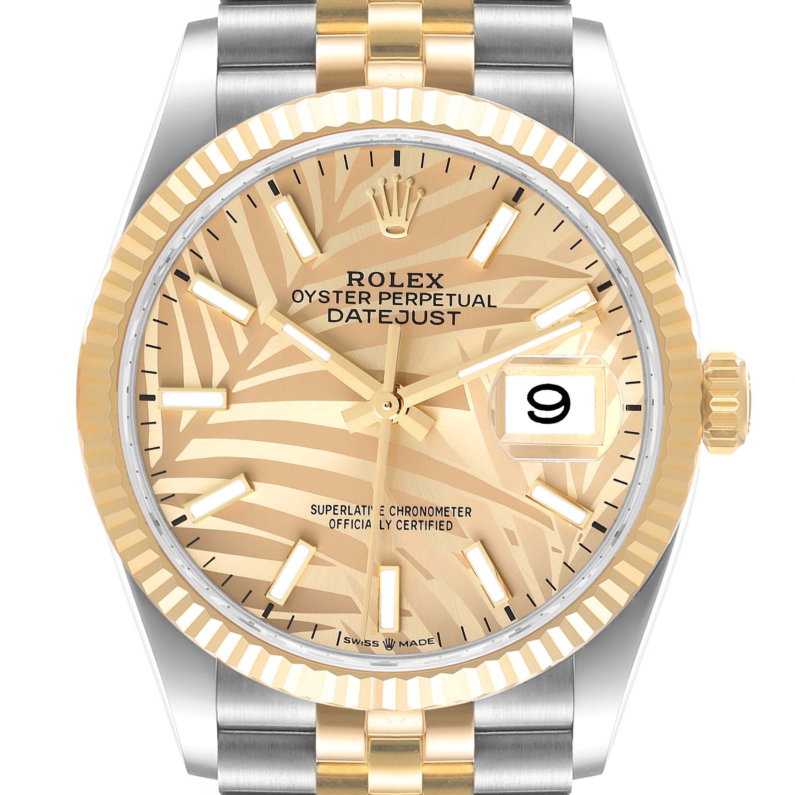 This image shows a front view of a Rolex Datejust 126233 Men's Steel and Gold (two tone) Champagne Dial 126233 Men's Steel and Gold (two tone) Champagne Dial watch, featuring a gold bezel, crown, and two-tone bracelet.