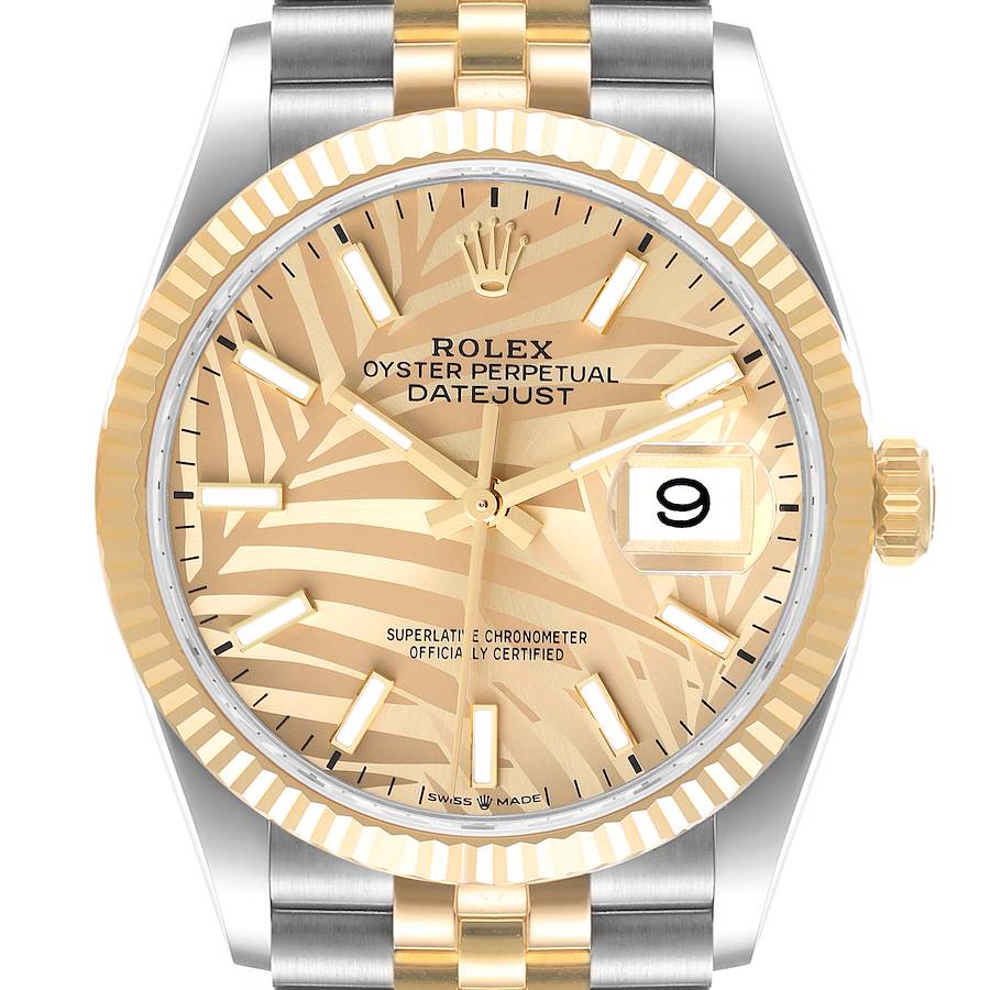 Rolex Datejust Steel Yellow Gold Golden Palm Dial Mens Watch 126233 Unworn SwissWatchExpo