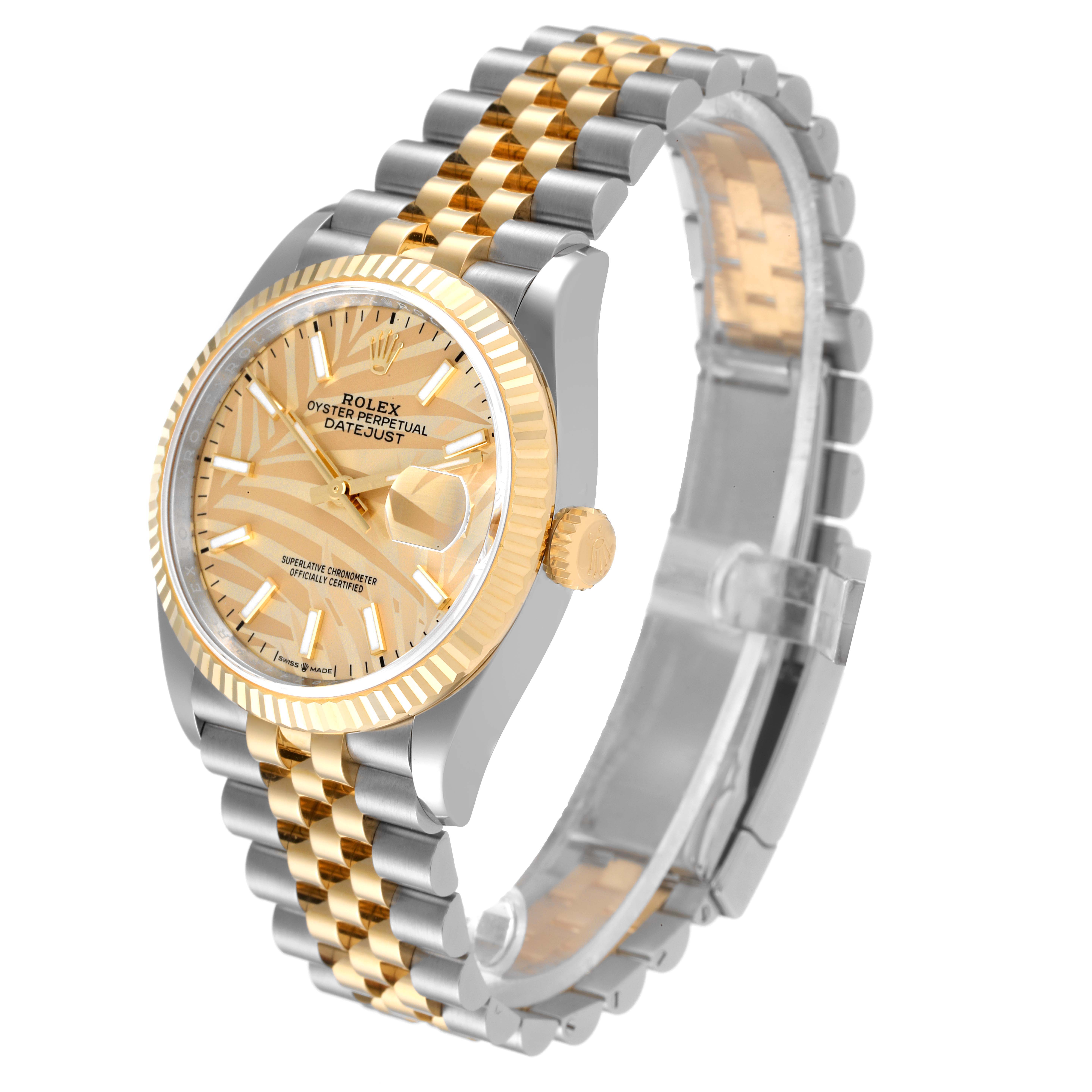 This image shows a Rolex Datejust 126233 Men's Steel and Gold (two tone) Champagne Dial 126233 Men's Steel and Gold (two tone) Champagne Dial watch at a three-quarter angle, highlighting the two-tone bracelet and fluted bezel.