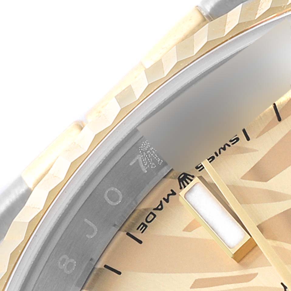The image shows a close-up of the bezel, part of the watch face, and hour markers of a Rolex Datejust 126233 Men's Steel and Gold (two tone) Champagne Dial 126233 Men's Steel and Gold (two tone) Champagne Dial model.