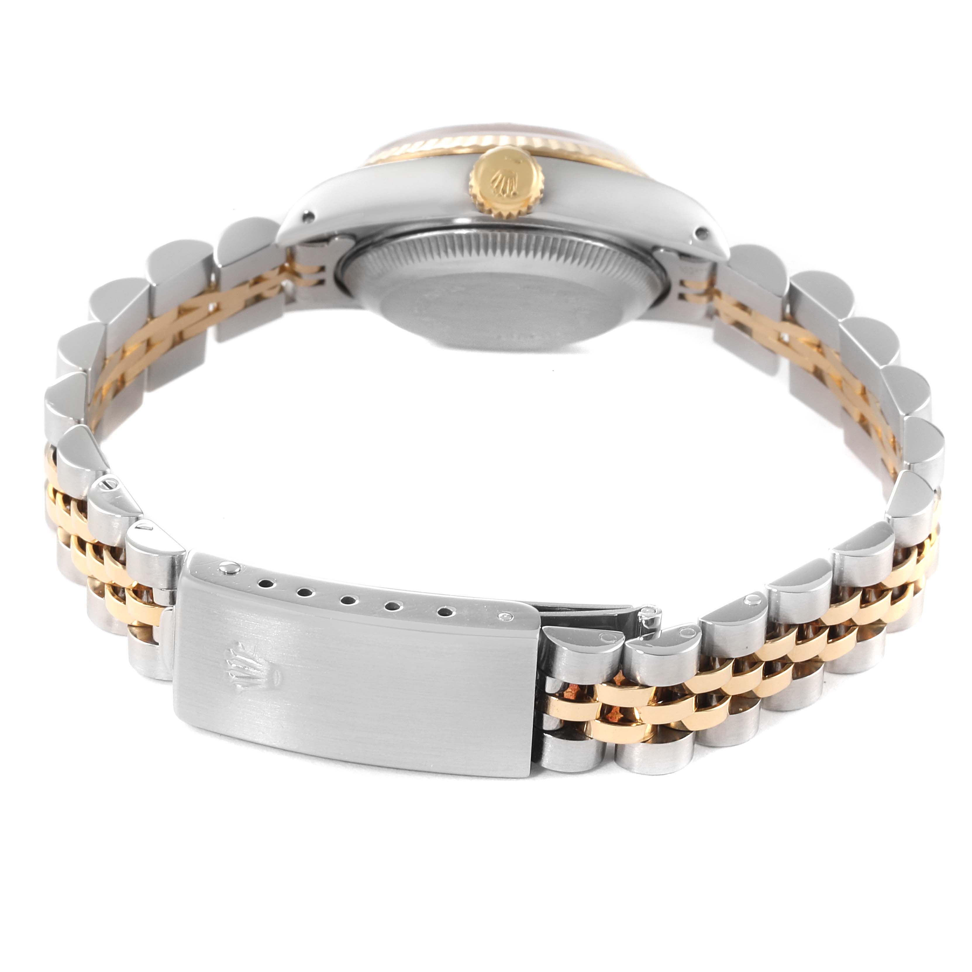 This image shows a rear view of the Rolex Datejust 69173 Women's Steel and Gold (two tone) White Dial 69173 Women's Steel and Gold (two tone) White Dial watch, highlighting the case back, crown, and Jubilee bracelet with clasp.