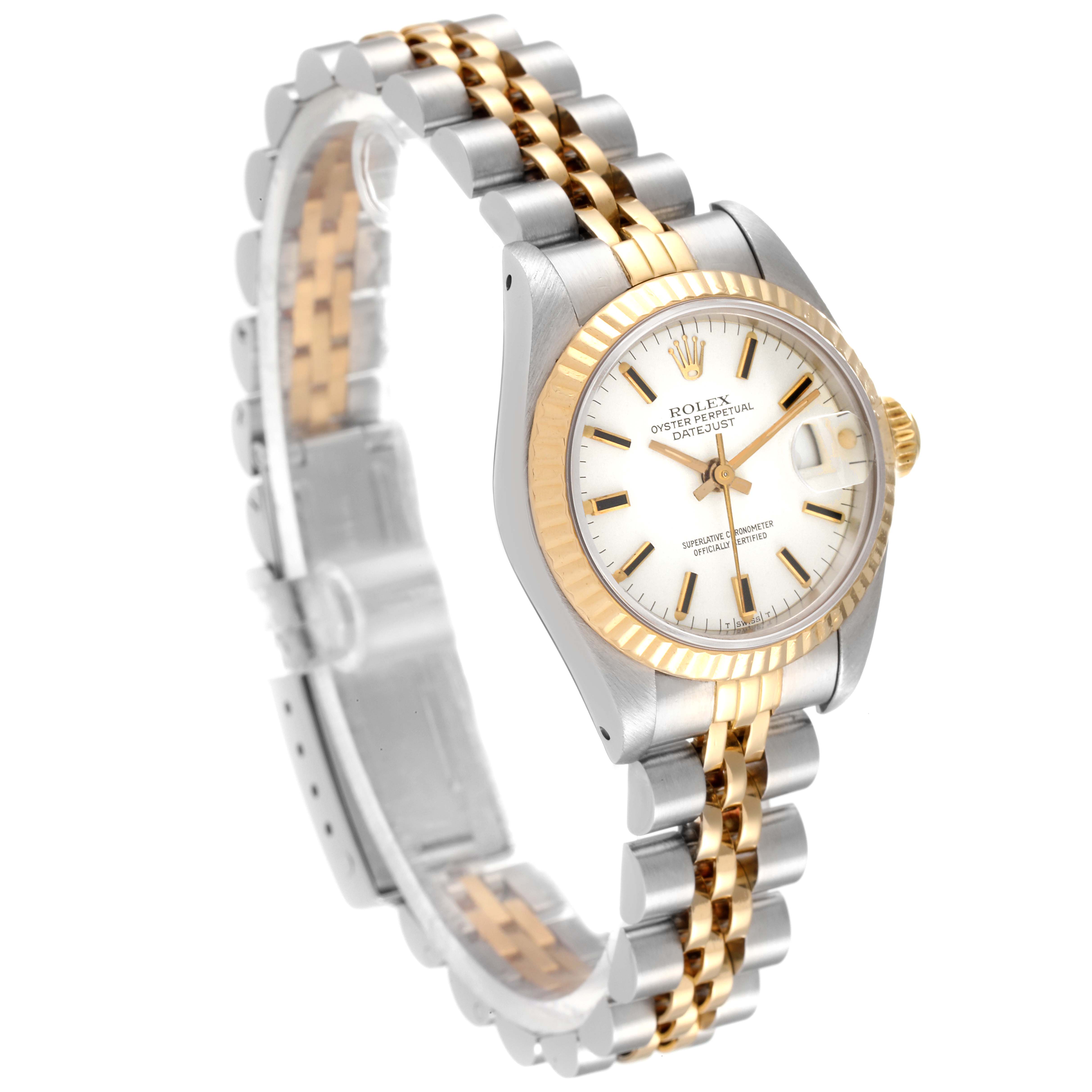The image shows a Rolex Datejust 69173 Women's Steel and Gold (two tone) White Dial 69173 Women's Steel and Gold (two tone) White Dial watch angled to display the dial, bezel, and bracelet.