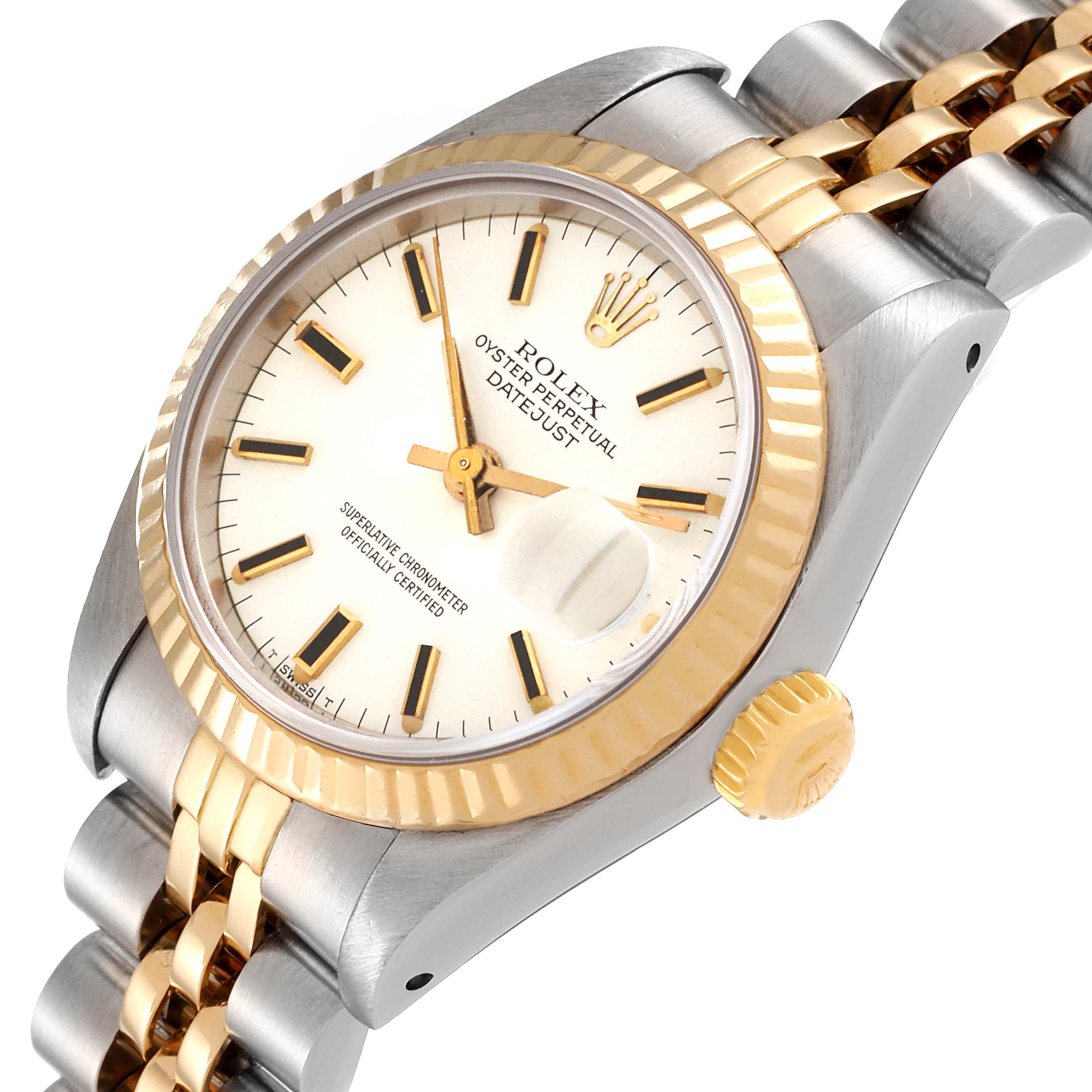 This image shows a close-up, angled view of the Rolex Datejust 69173 Women's Steel and Gold (two tone) White Dial 69173 Women's Steel and Gold (two tone) White Dial watch, highlighting the dial, crown, and part of the bracelet.