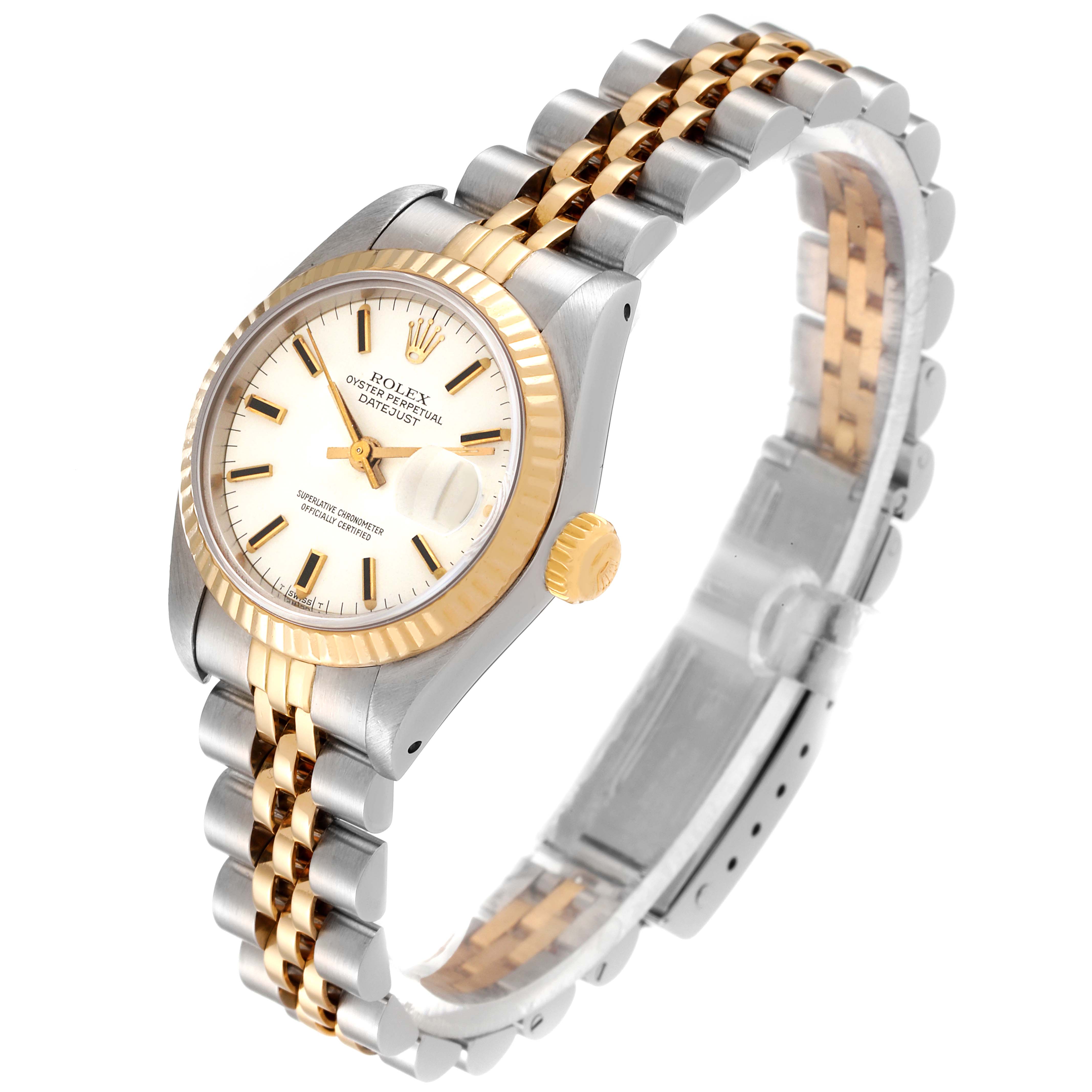 The image shows a Rolex Datejust 69173 Women's Steel and Gold (two tone) White Dial 69173 Women's Steel and Gold (two tone) White Dial watch at a slight angle, highlighting the face, bezel, crown, and two-tone bracelet.