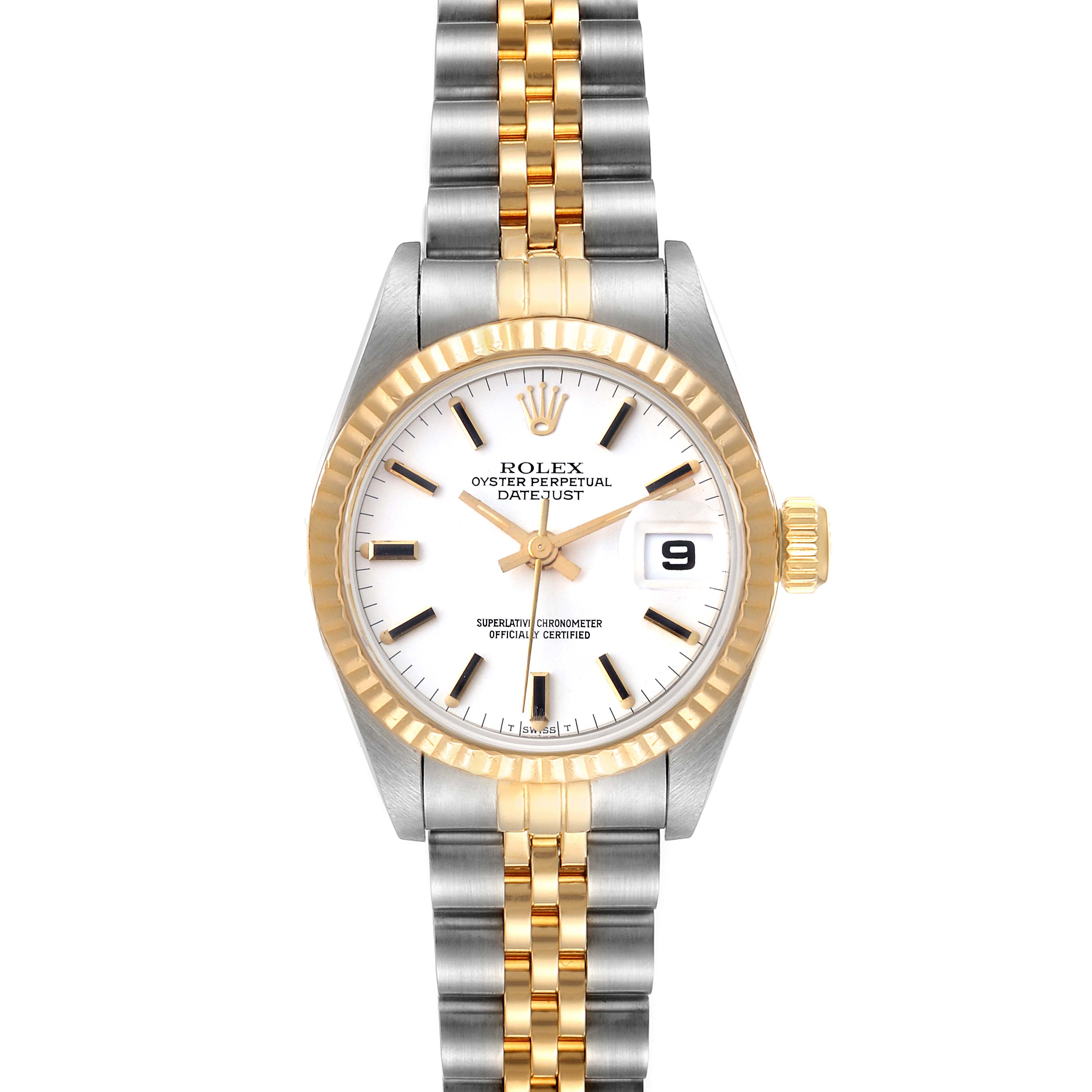 This Rolex Datejust 69173 Women's Steel and Gold (two tone) White Dial 69173 Women's Steel and Gold (two tone) White Dial watch is shown from a direct top-down angle, displaying its dial, fluted bezel, and jubilee bracelet.