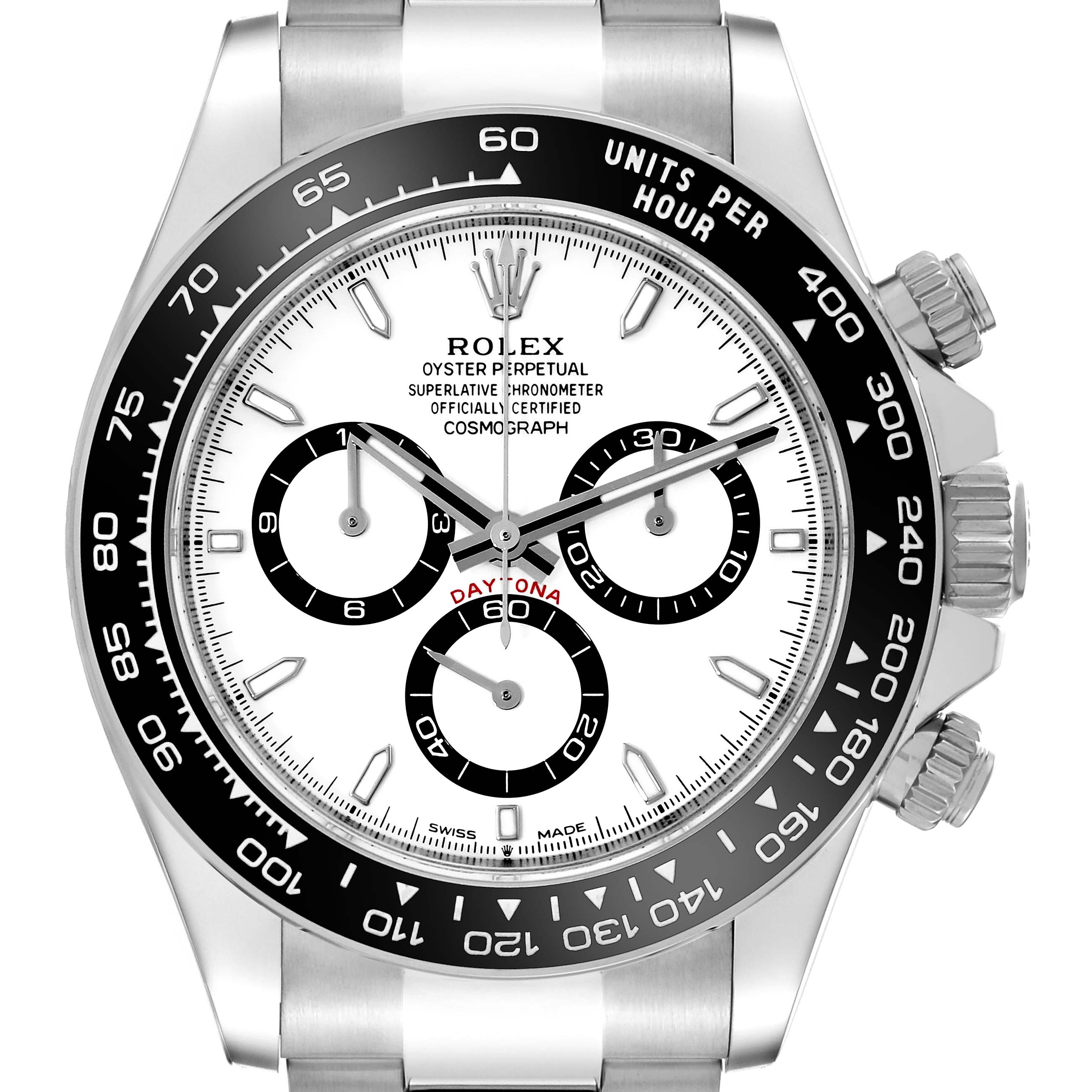The Rolex Daytona 126500 Men's Stainless Steel White Dial 126500 Men's Stainless Steel White Dial watch is shown from the front, highlighting the dial, subdials, bezel, and a portion of the bracelet and crown.