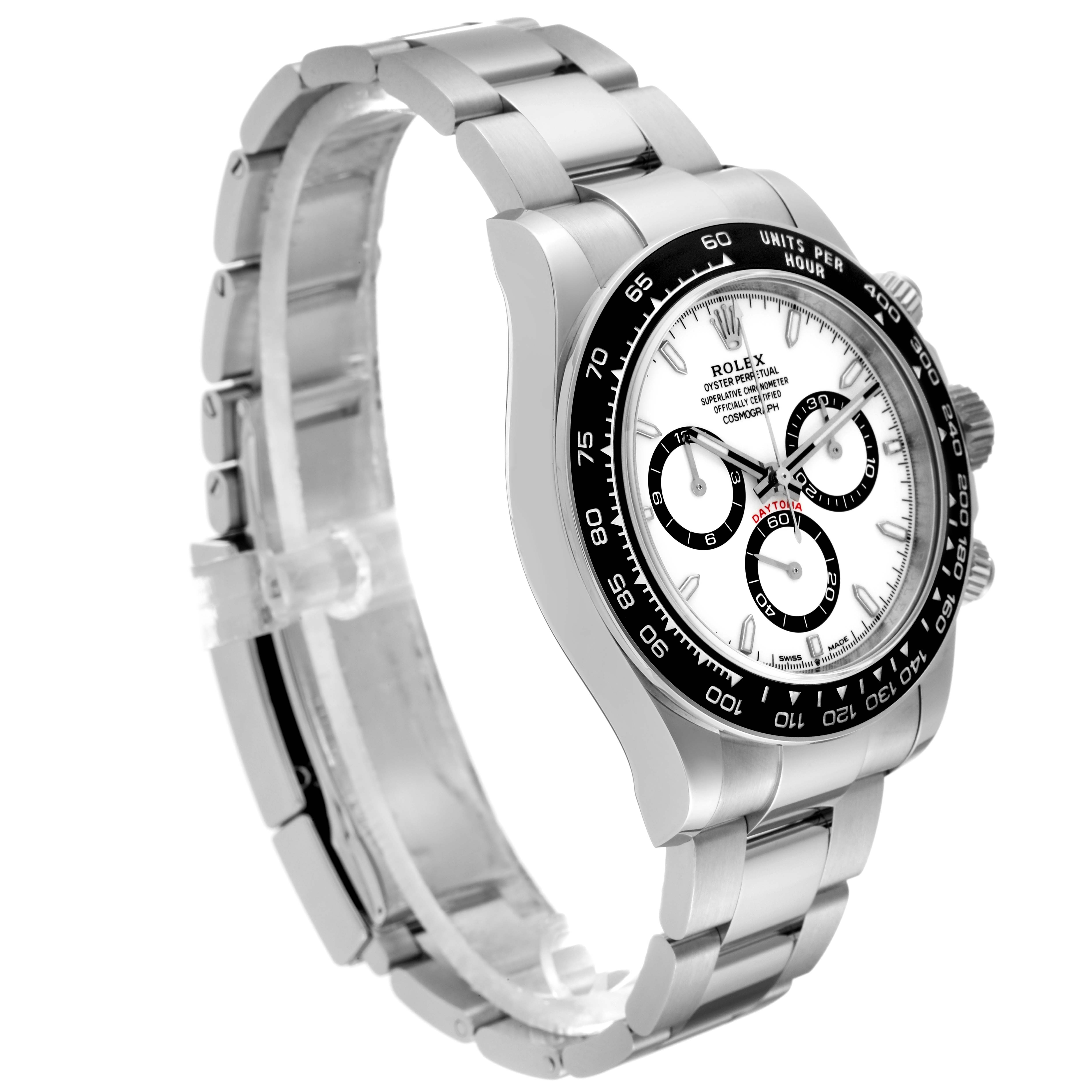 The Rolex Daytona 126500 Men's Stainless Steel White Dial 126500 Men's Stainless Steel White Dial watch is shown from a left-side angle highlighting the face, bezel, and bracelet.