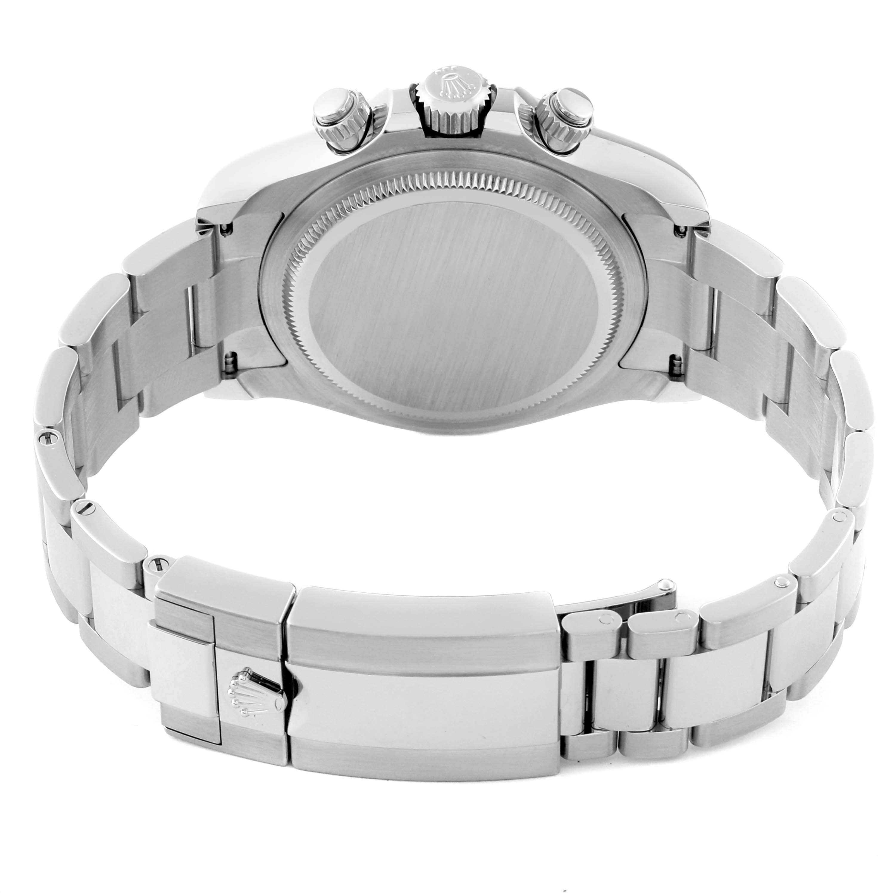 This image shows the back view of a Rolex Daytona 126500 Men's Stainless Steel White Dial 126500 Men's Stainless Steel White Dial watch, highlighting its stainless steel case and bracelet.