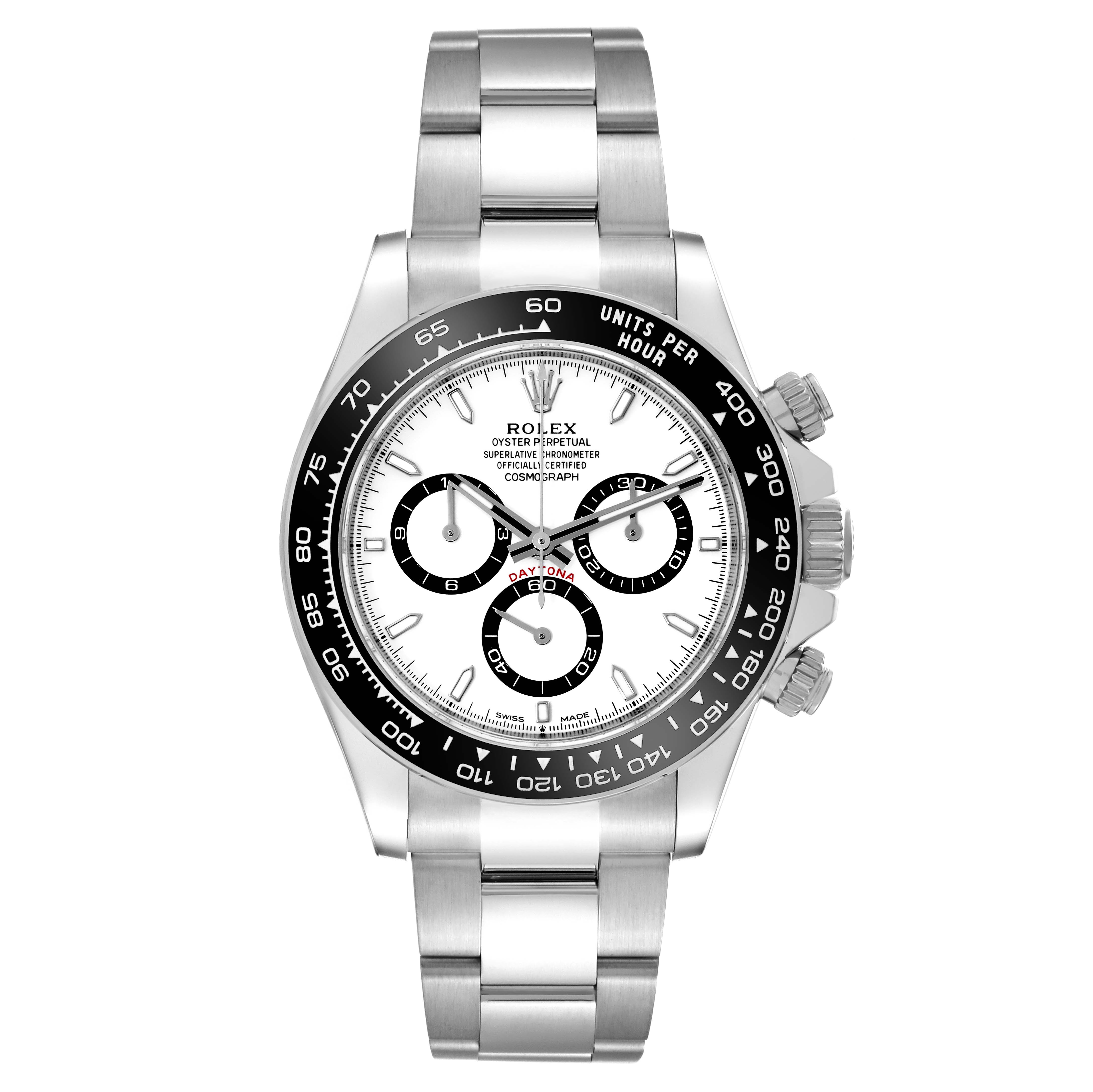 The image shows a frontal view of a Rolex Daytona 126500 Men's Stainless Steel White Dial 126500 Men's Stainless Steel White Dial watch, displaying the face, bezel, and bracelet.