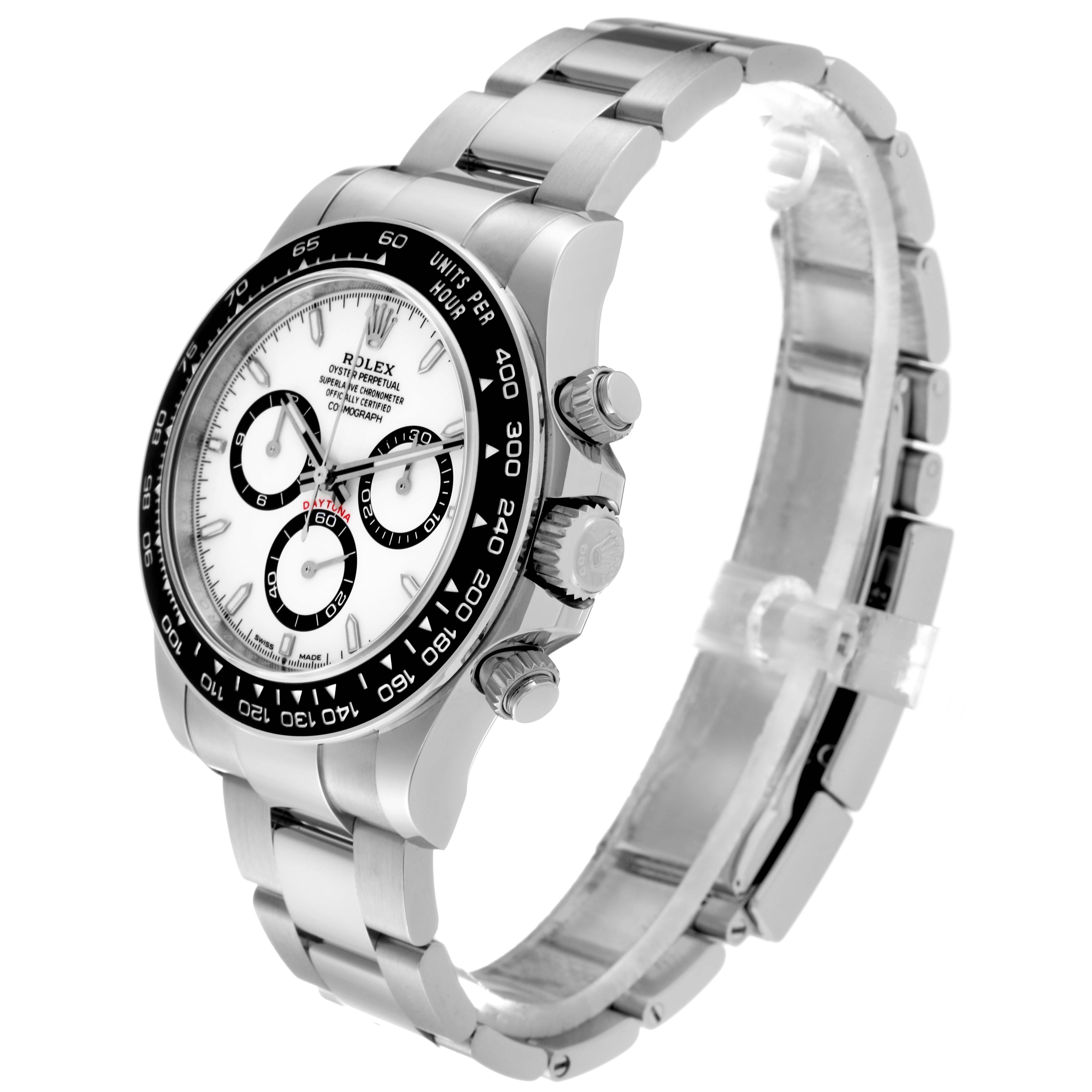 The image shows a side angle view of the Rolex Daytona 126500 Men's Stainless Steel White Dial 126500 Men's Stainless Steel White Dial watch, highlighting its bezel, dial, crown, and chronograph pushers.