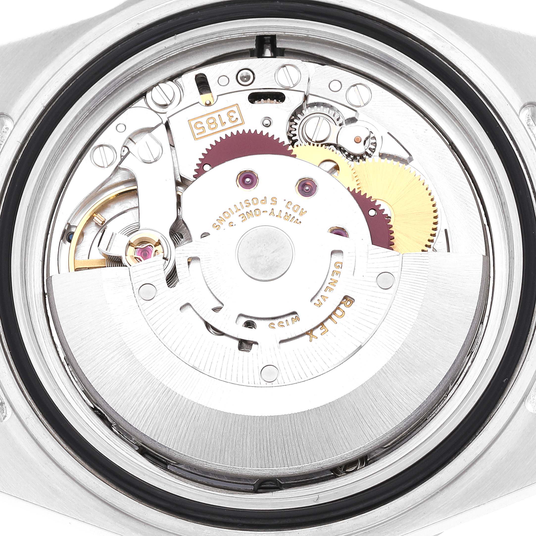 The image shows the inner mechanism, specifically the movement, of a Rolex Explorer 16570 Men
s Stainless Steel White Dial 16570 Men
s Stainless Steel White Dial model watch from the back angle.