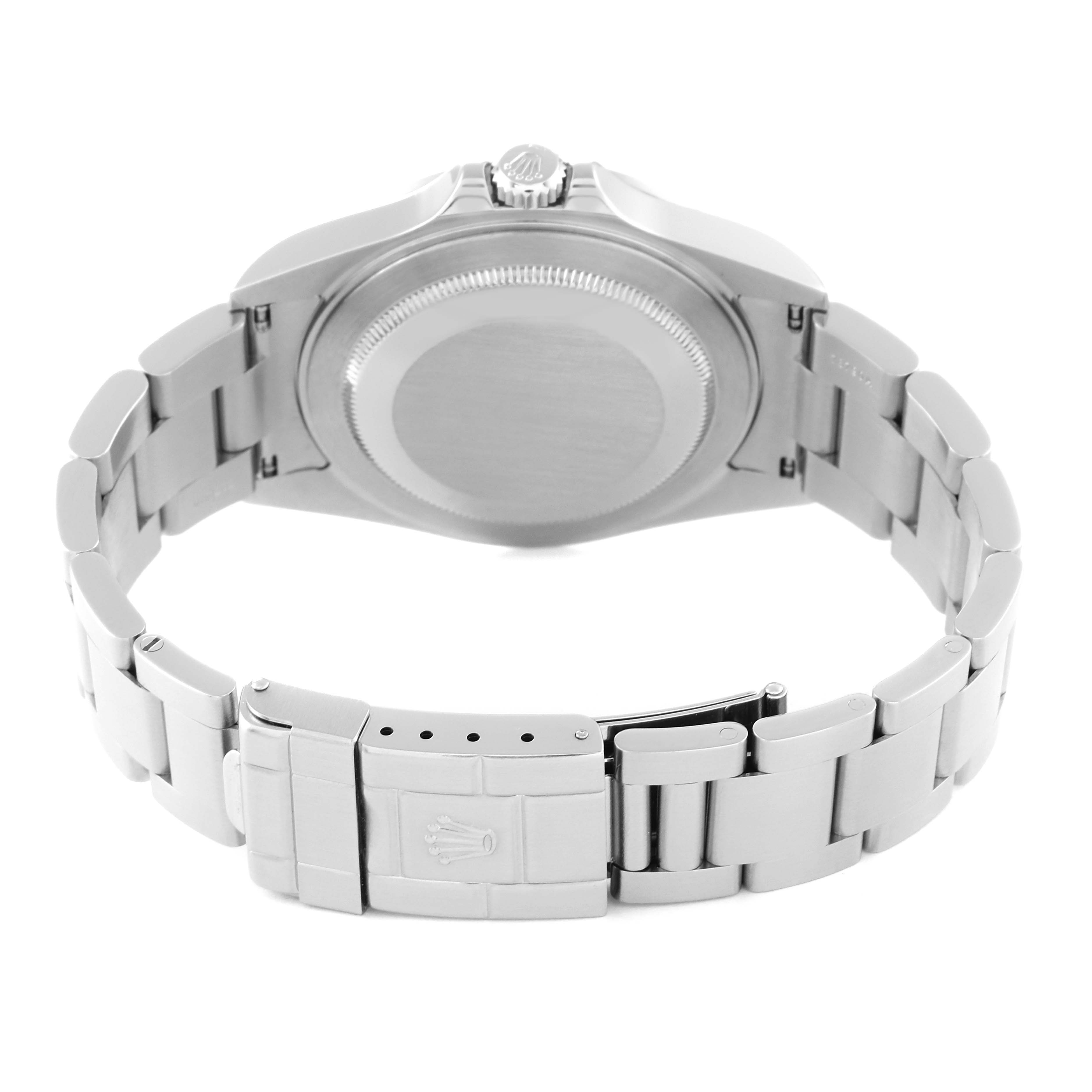 The image shows the back view of a Rolex Explorer 16570 Men
s Stainless Steel White Dial 16570 Men
s Stainless Steel White Dial watch highlighting the case back, bracelet, and clasp.