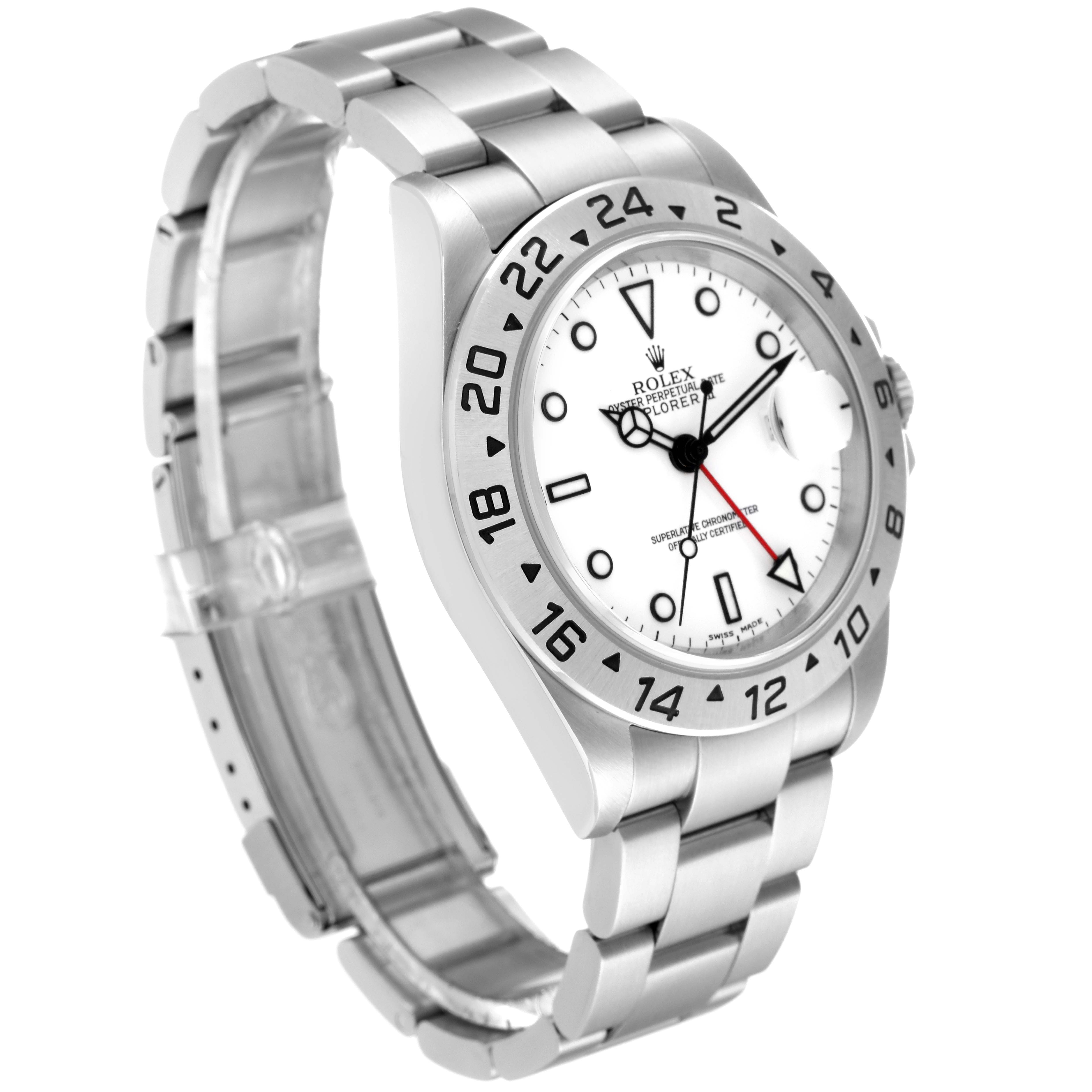 The Rolex Explorer 16570 Men
s Stainless Steel White Dial 16570 Men
s Stainless Steel White Dial model watch is shown at an angled side view, displaying its face, bezel, and metal bracelet.