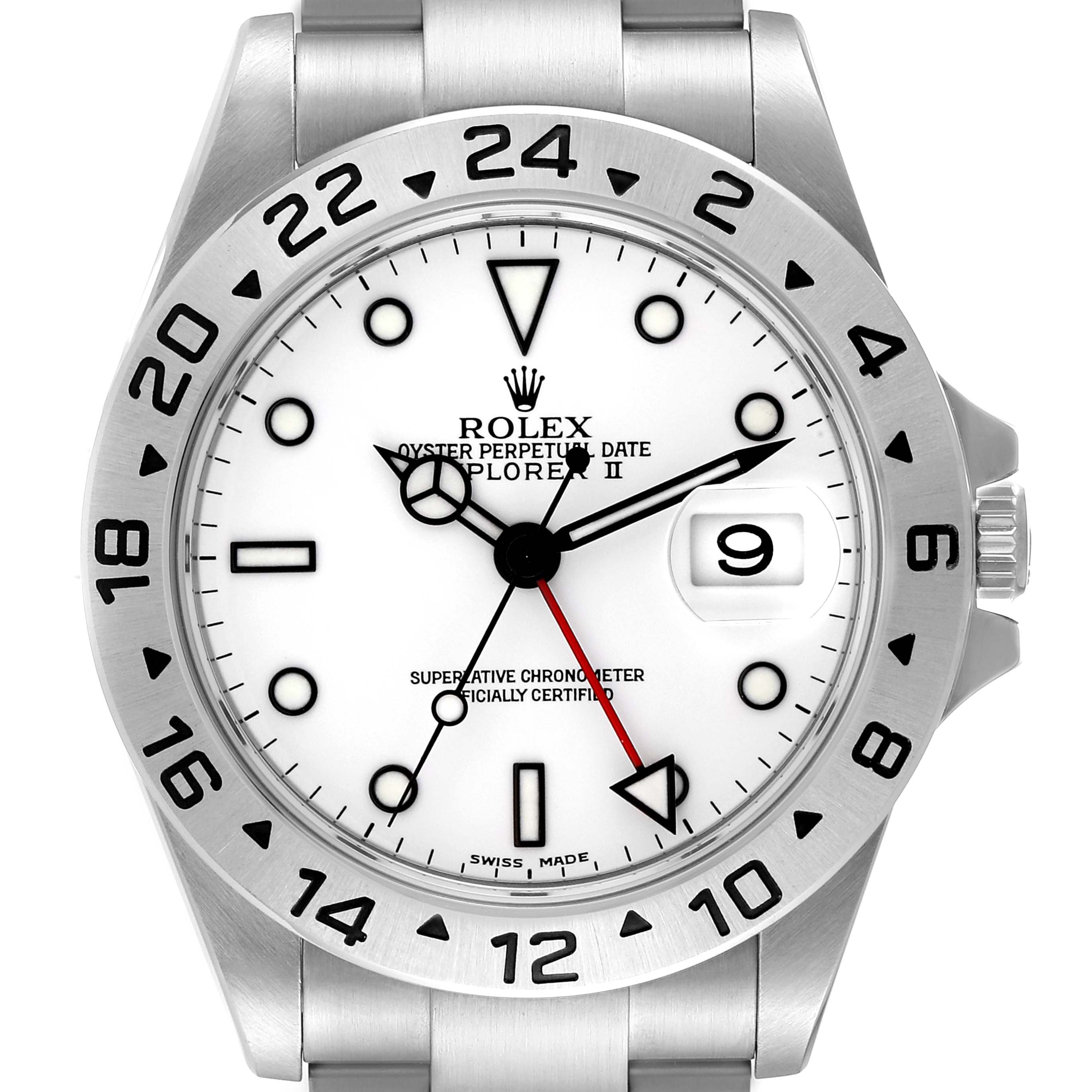 The image shows a frontal view of the Rolex Explorer 16570 Men
s Stainless Steel White Dial 16570 Men
s Stainless Steel White Dial watch, displaying the dial, hands, bezel, and part of the bracelet.