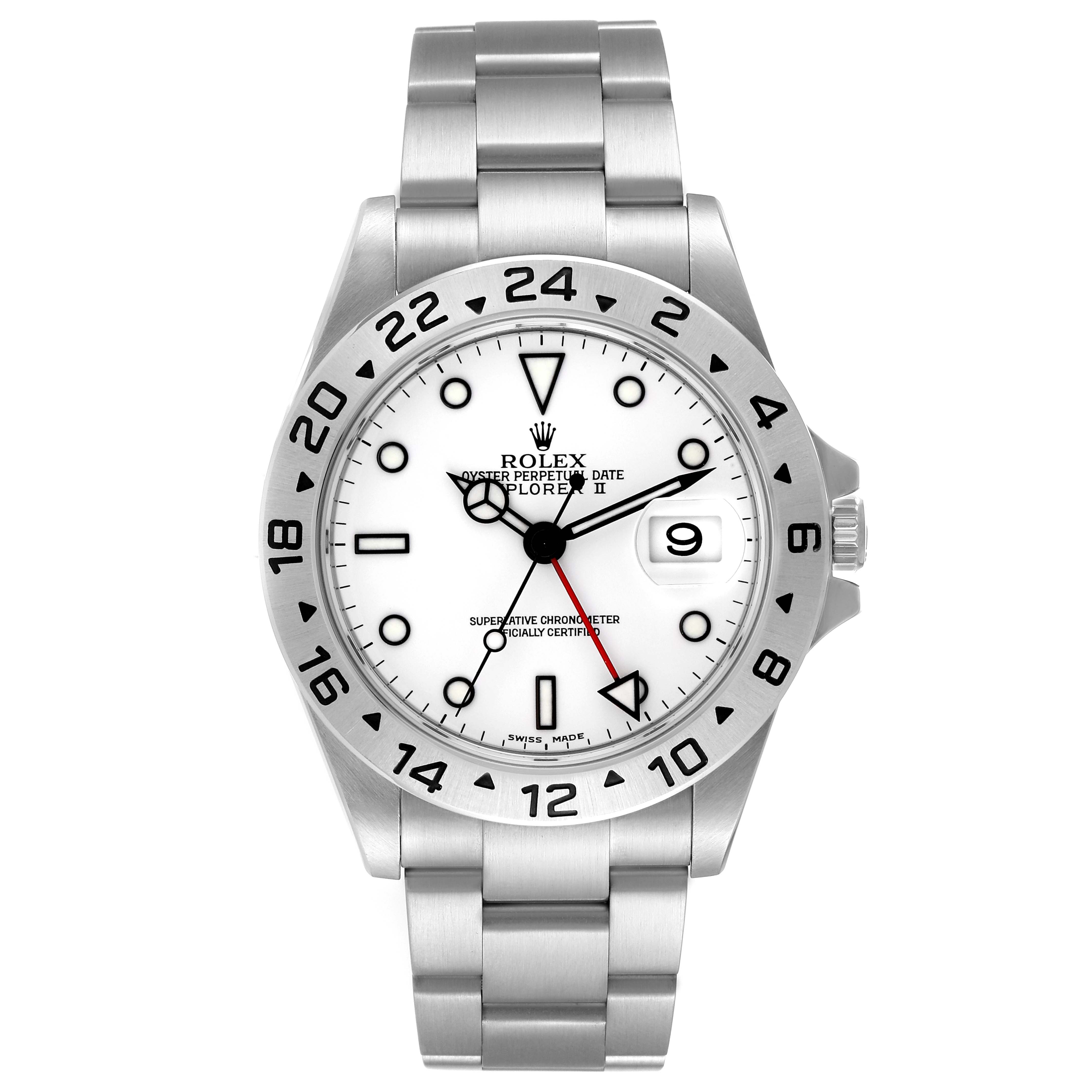 The Rolex Explorer 16570 Men
s Stainless Steel White Dial 16570 Men
s Stainless Steel White Dial model watch is shown from a front-on angle, displaying its dial, bezel, and bracelet.