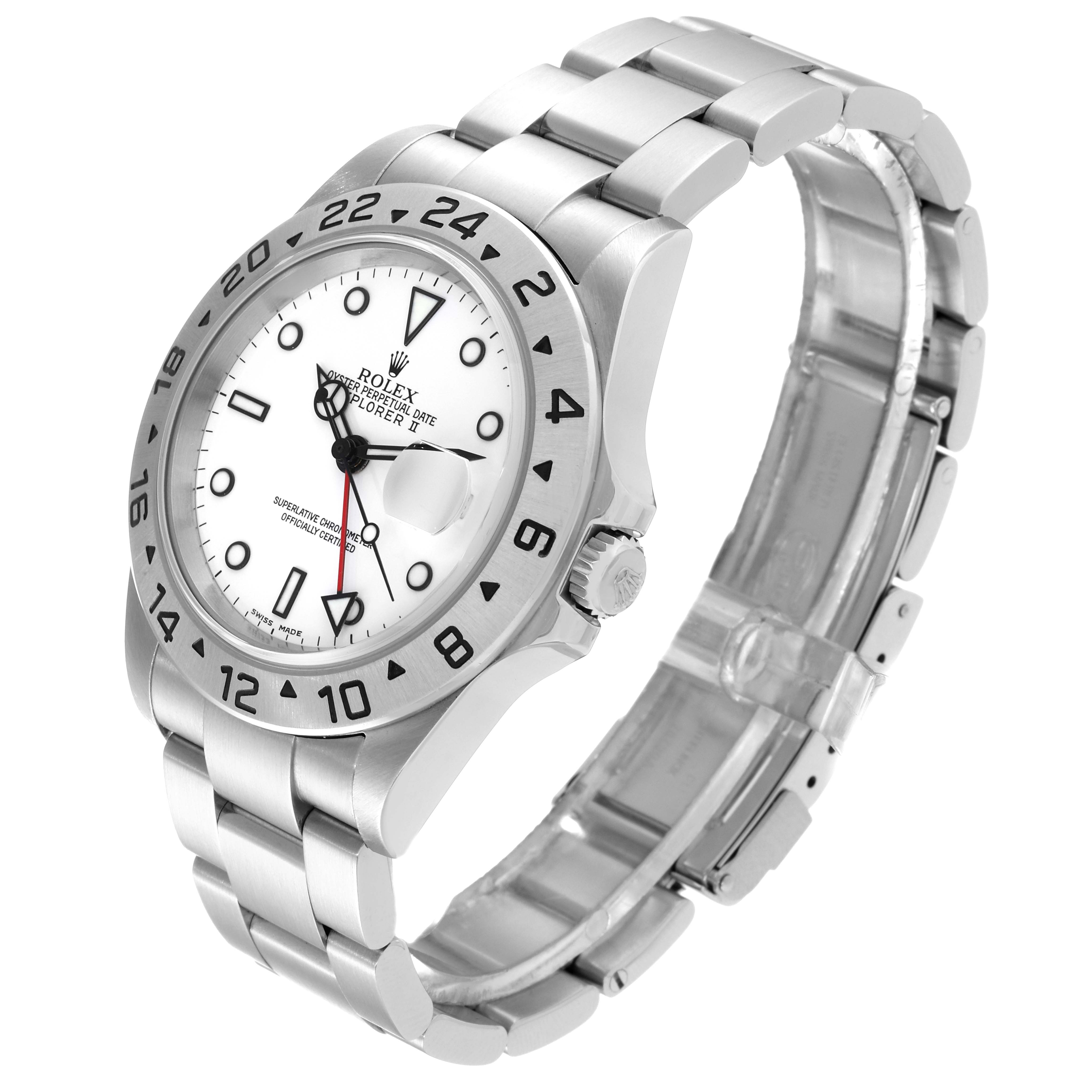 The Rolex Explorer 16570 Men
s Stainless Steel White Dial 16570 Men
s Stainless Steel White Dial watch is shown at a slight angle, displaying its white dial, bezel, crown, and stainless steel bracelet.