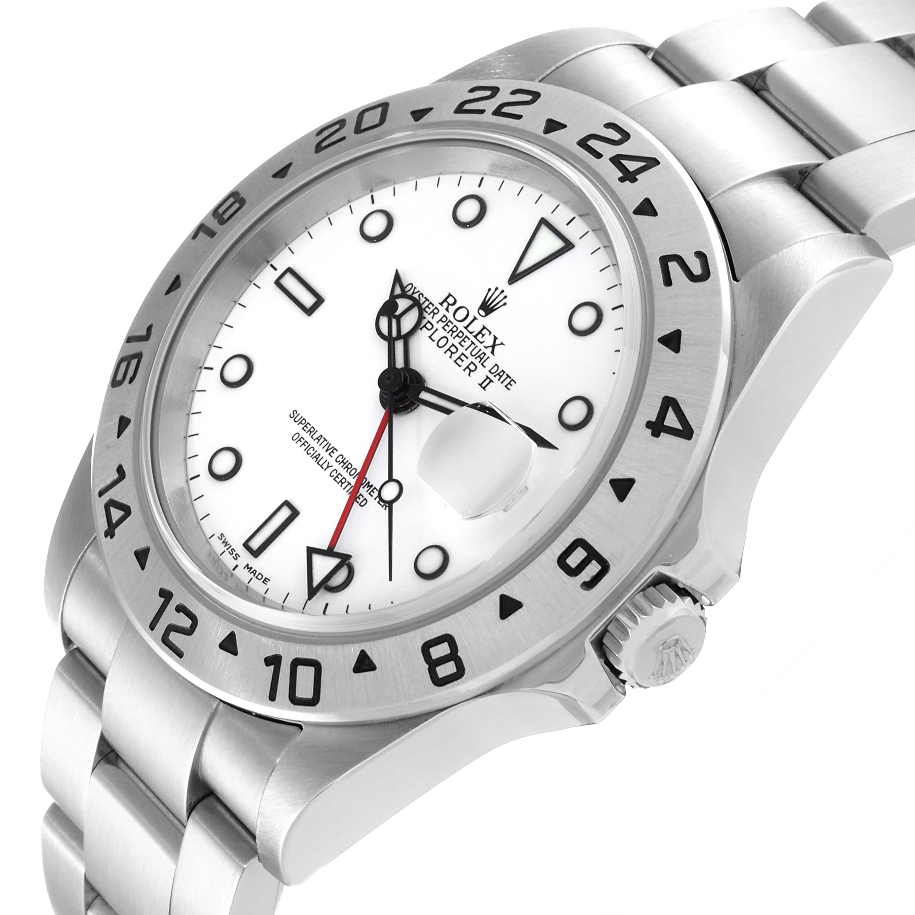 This angled view of the Rolex Explorer 16570 Men
s Stainless Steel White Dial 16570 Men
s Stainless Steel White Dial watch showcases the dial, bezel, crown, and part of the bracelet.