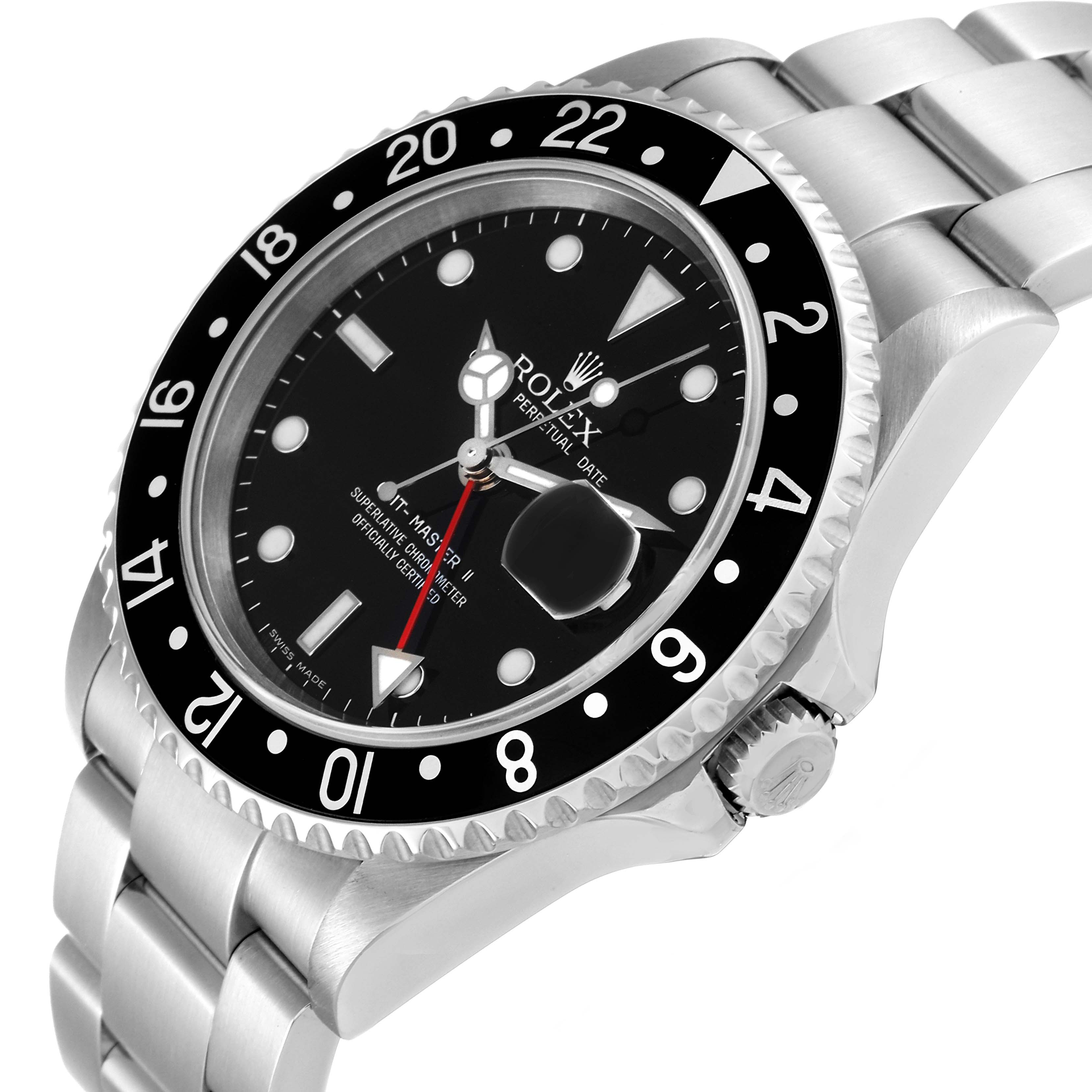 The image showcases a Rolex GMT-Master 16710 Men's Stainless Steel Black Dial 16710 Men's Stainless Steel Black Dial watch from an angled side view, highlighting the bezel, dial, crown, and part of the bracelet.