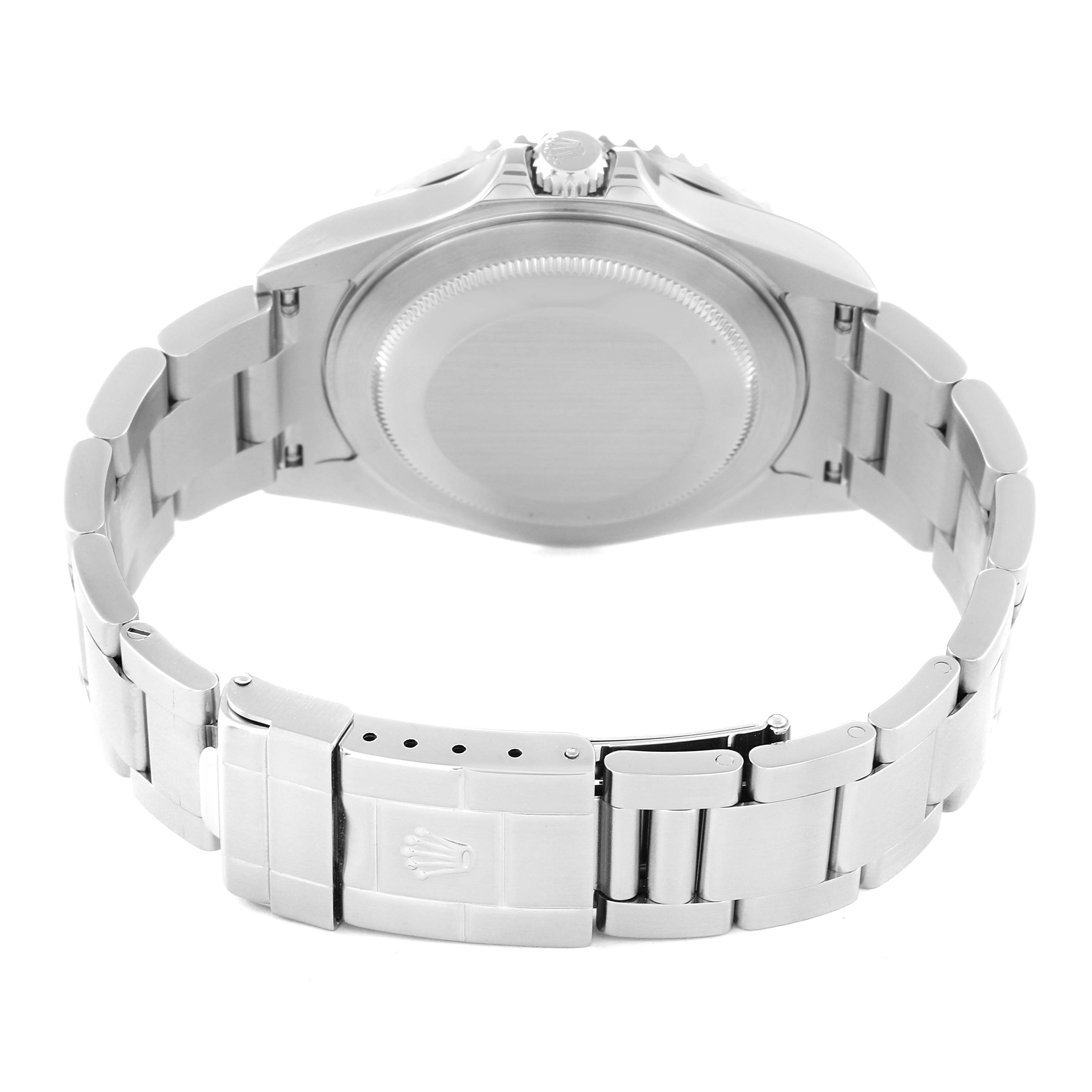 The image shows the rear view of the Rolex GMT-Master 16710 Men's Stainless Steel Black Dial 16710 Men's Stainless Steel Black Dial watch, highlighting its closed case back and metal bracelet with a clasp.