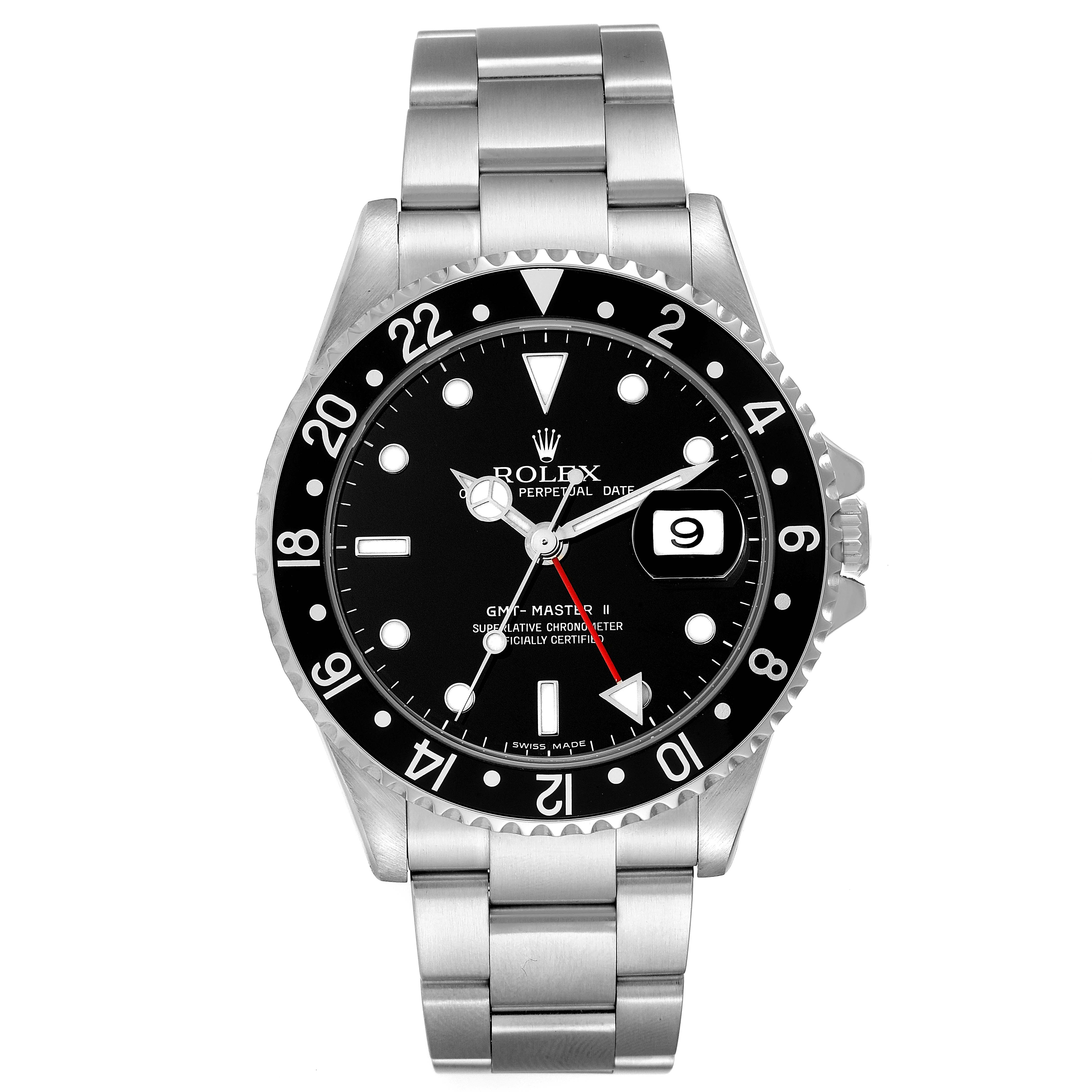 This image shows a front view of a Rolex GMT-Master 16710 Men's Stainless Steel Black Dial 16710 Men's Stainless Steel Black Dial II watch, highlighting the dial, bezel, and bracelet.