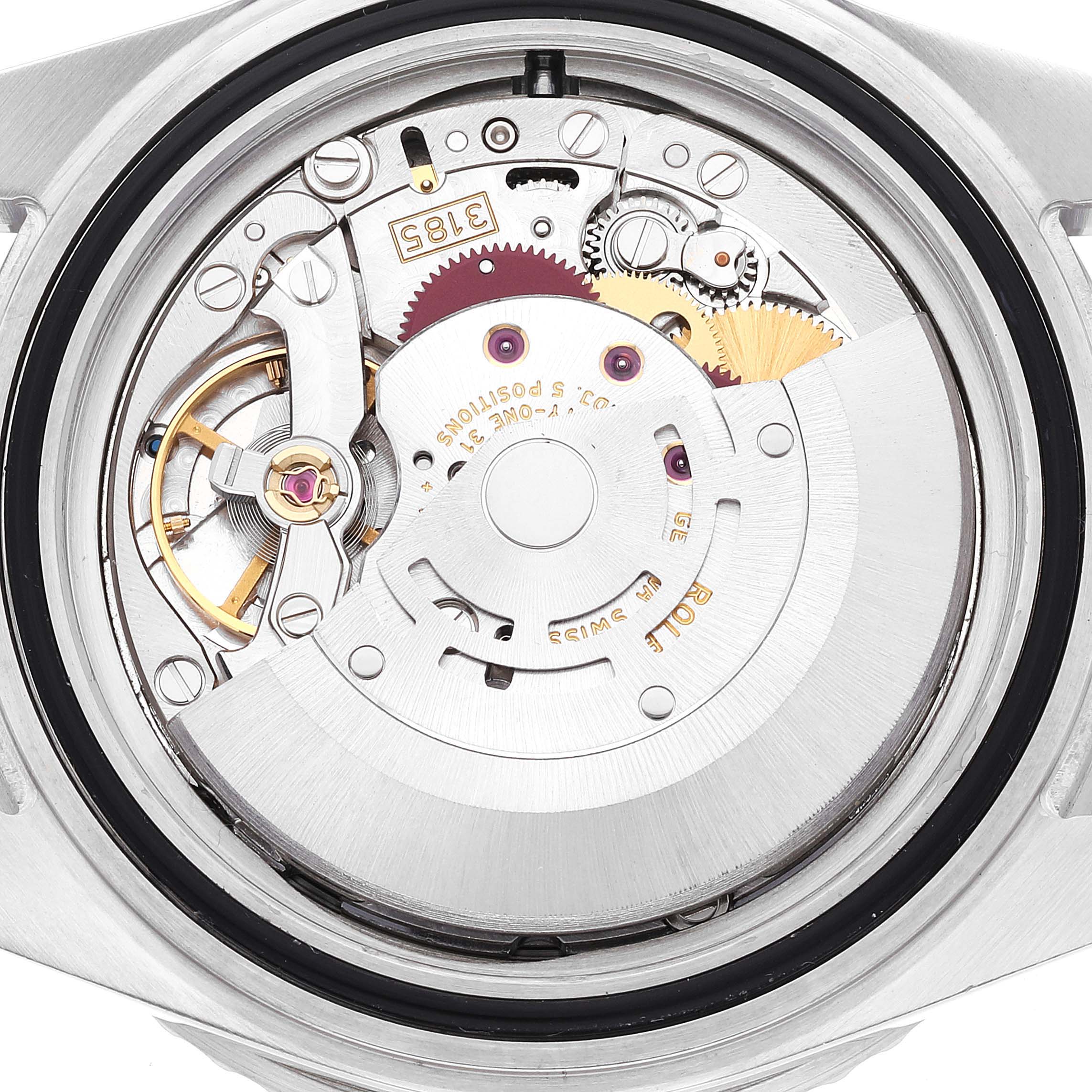 The image shows a close-up view of the movement mechanism inside a Rolex GMT-Master 16710 Men's Stainless Steel Black Dial 16710 Men's Stainless Steel Black Dial watch.