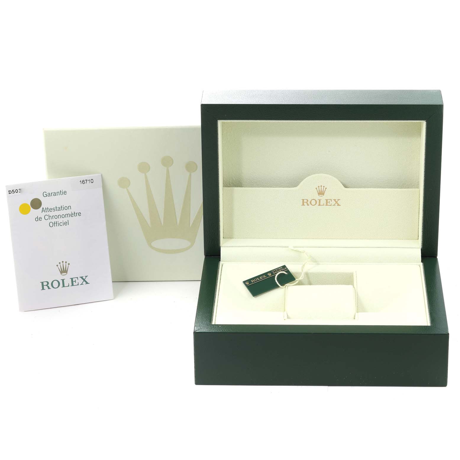 The image shows an open Rolex GMT-Master 16710 Men's Stainless Steel Black Dial 16710 Men's Stainless Steel Black Dial watch box with its outer box and a guarantee booklet.