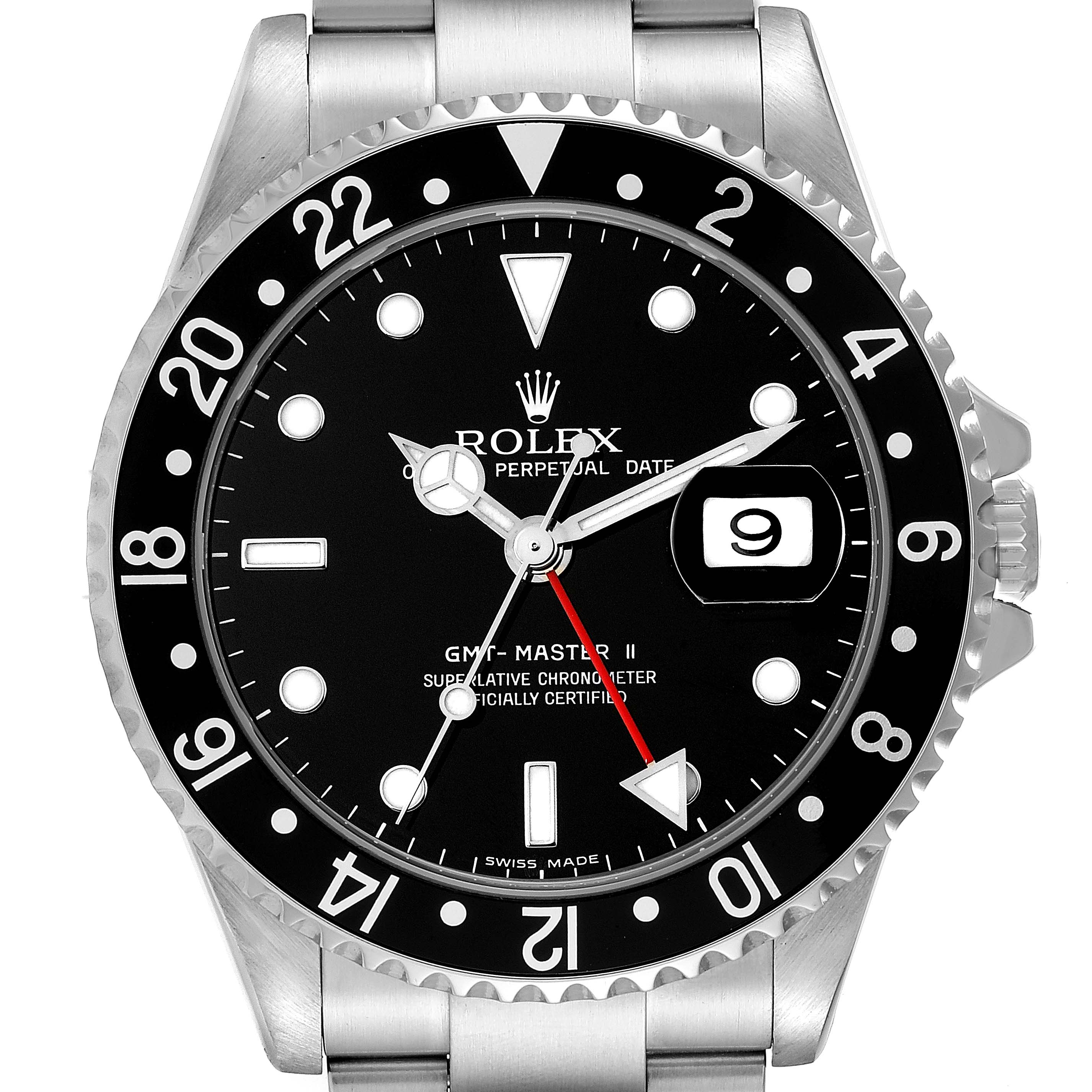 The image shows a front view of the dial, bezel, and part of the bracelet of a Rolex GMT-Master 16710 Men's Stainless Steel Black Dial 16710 Men's Stainless Steel Black Dial II watch.