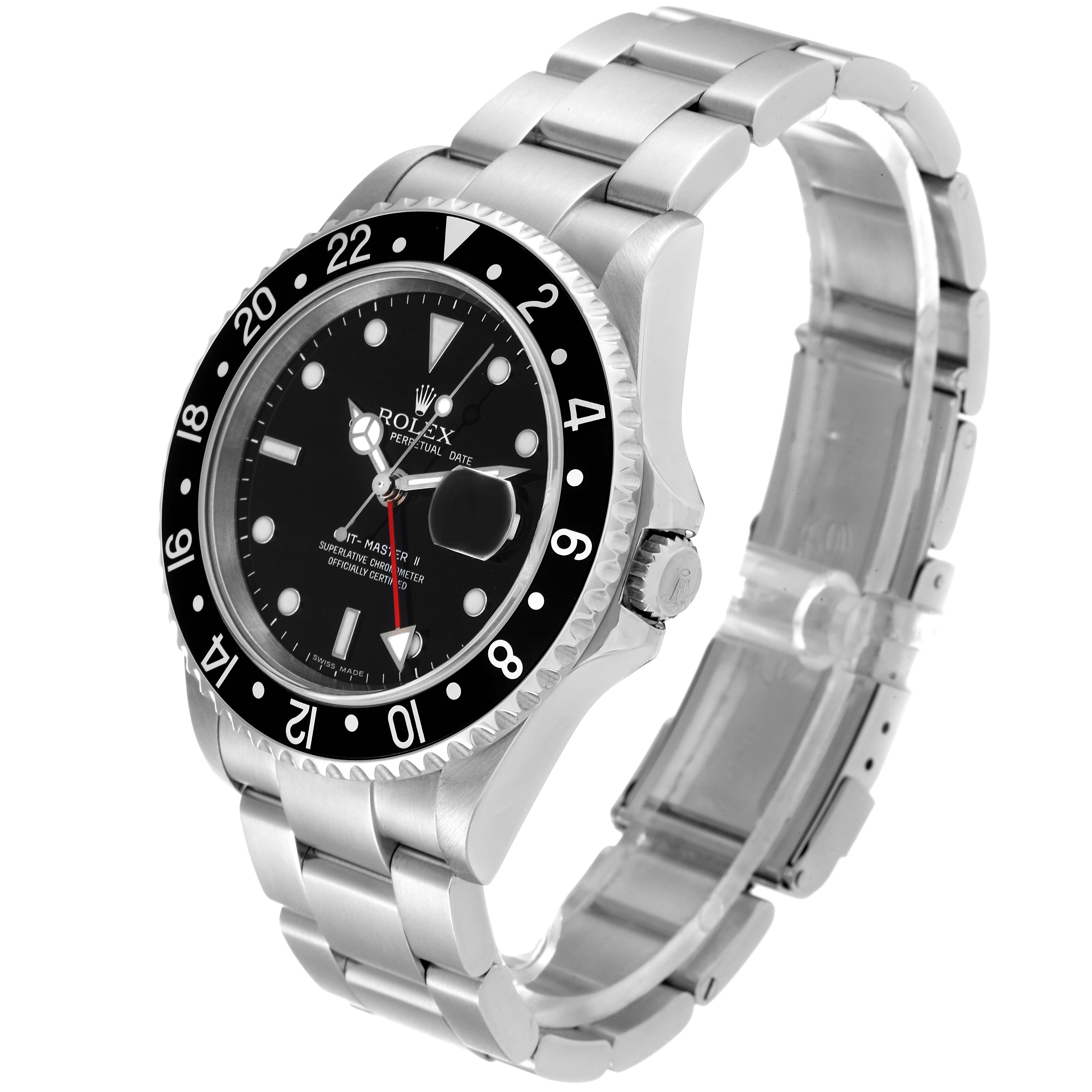 The image shows a Rolex GMT-Master 16710 Men's Stainless Steel Black Dial 16710 Men's Stainless Steel Black Dial watch from a three-quarter angle, highlighting the face, bezel, and bracelet.