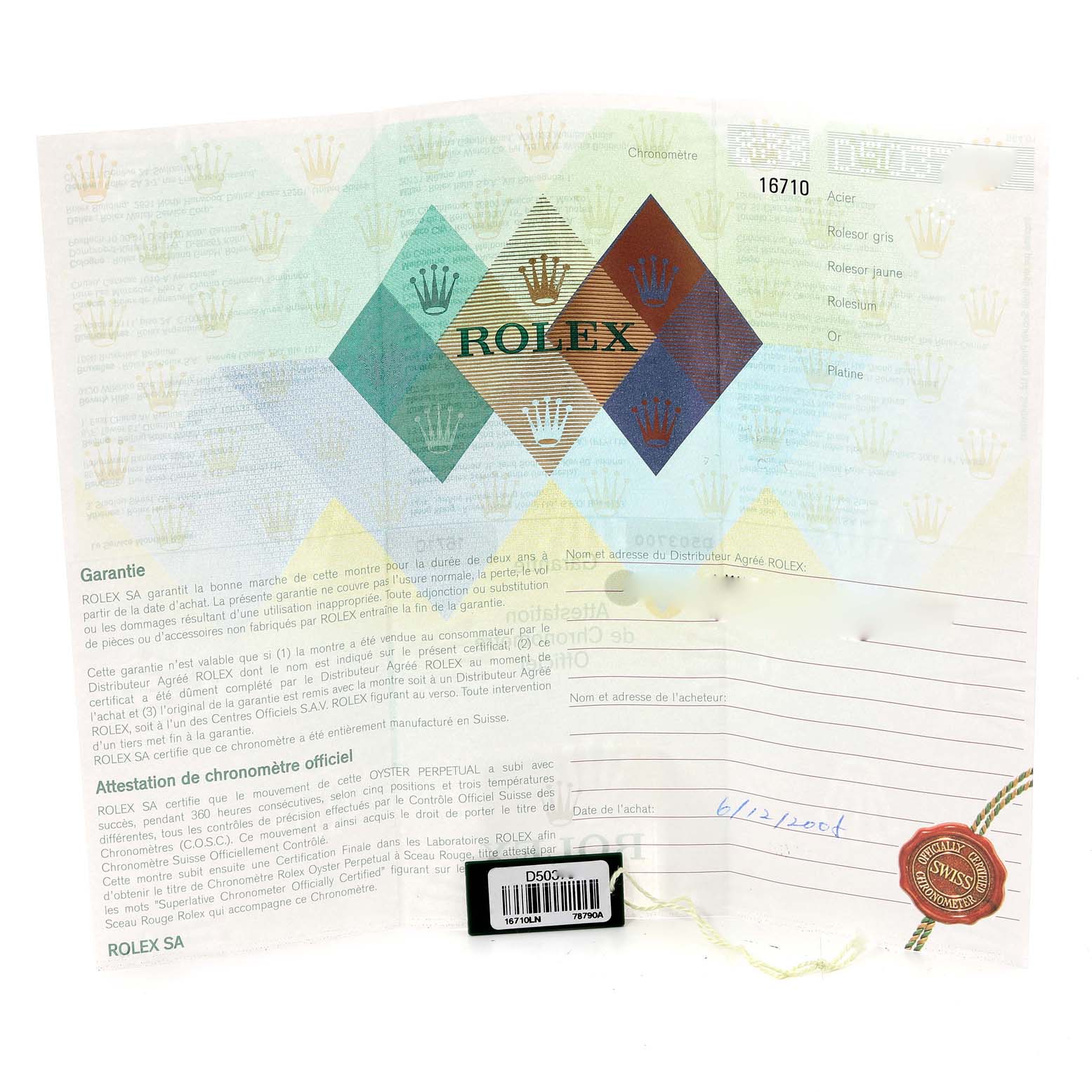 This image shows the open warranty papers for a Rolex GMT-Master 16710 Men's Stainless Steel Black Dial 16710 Men's Stainless Steel Black Dial, displaying informational text and a wax seal.