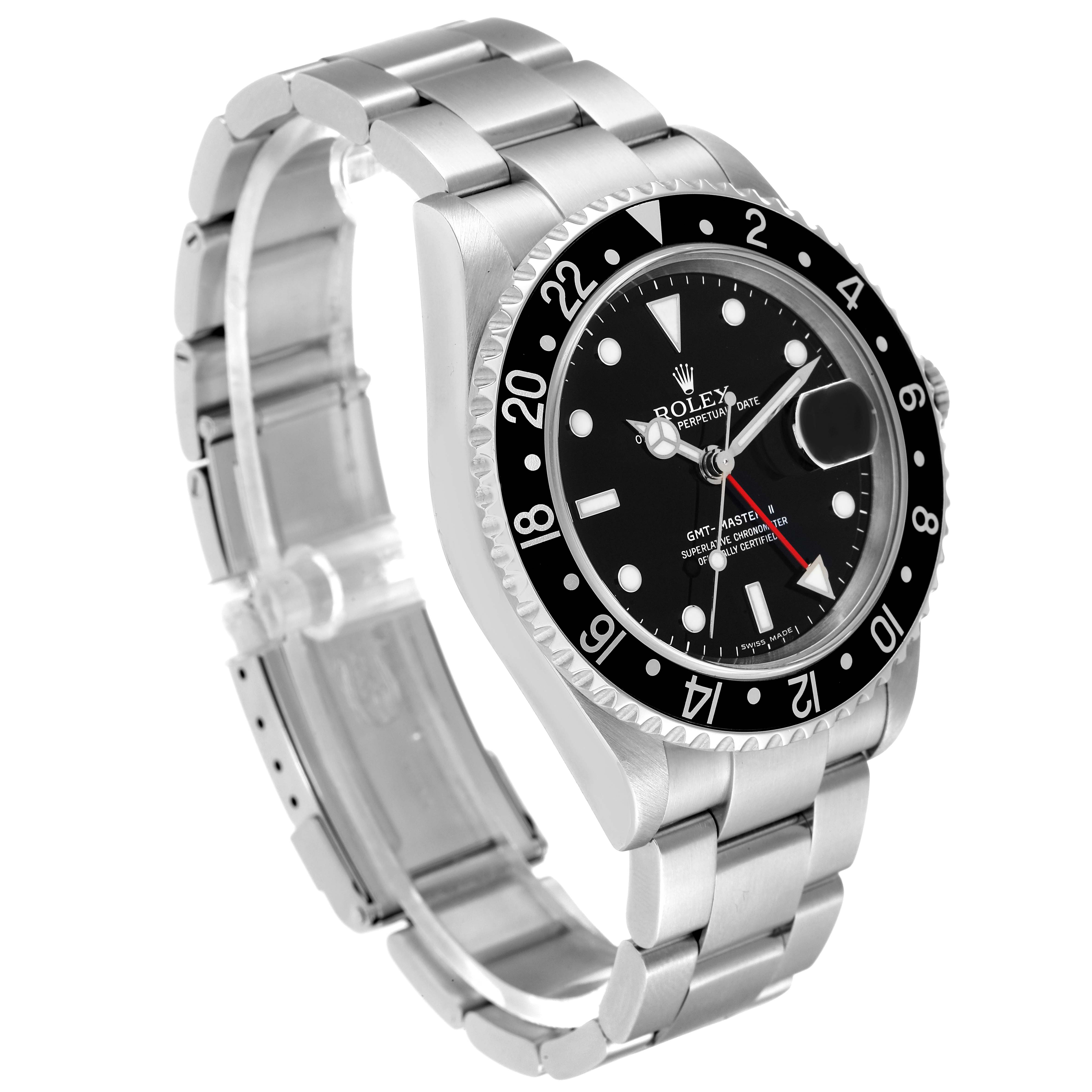 The Rolex GMT-Master 16710 Men's Stainless Steel Black Dial 16710 Men's Stainless Steel Black Dial watch is shown from a front-left angle, highlighting the face, bezel, and bracelet.