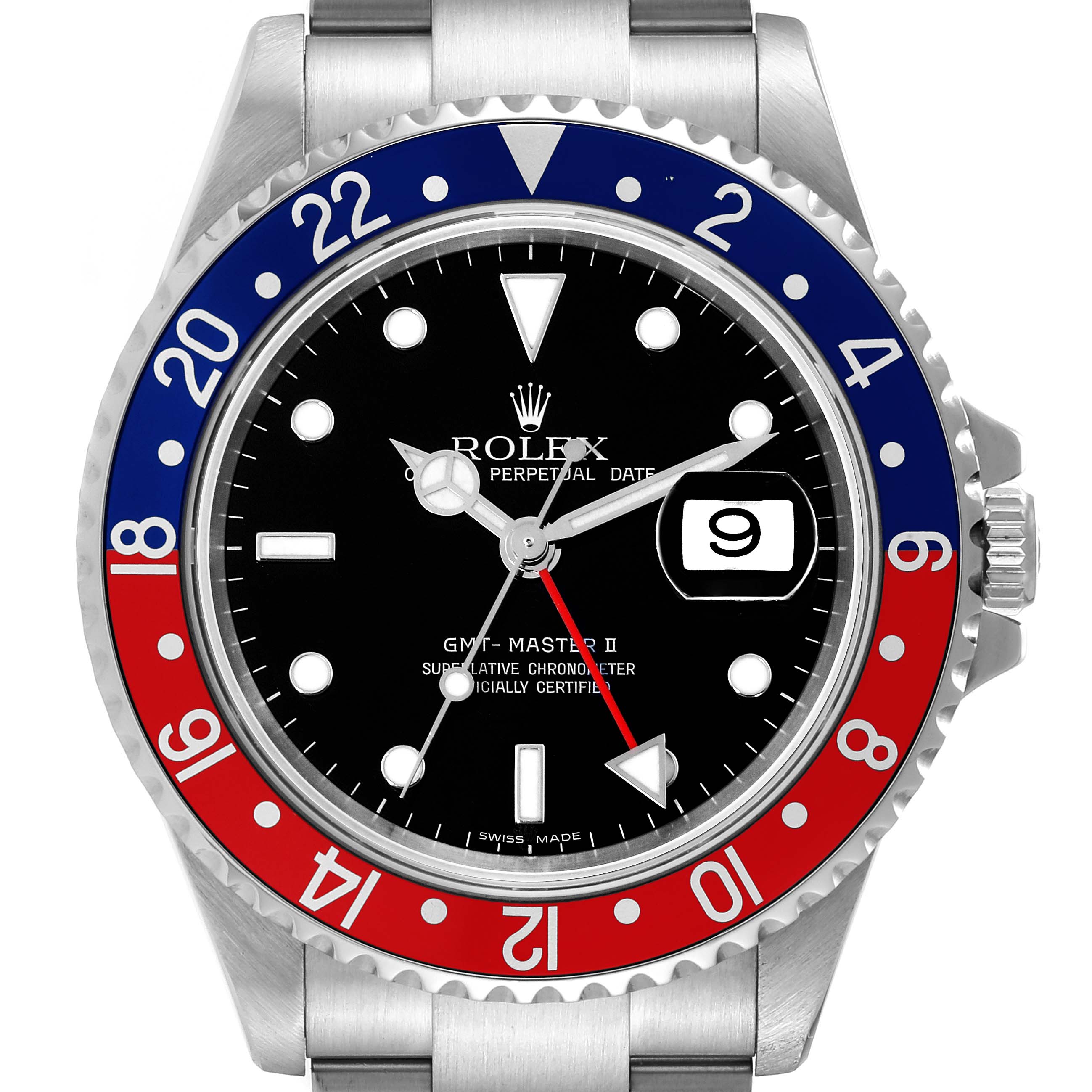 This image shows a front view of a Rolex GMT-Master 16710 Men
s Stainless Steel Black Dial 16710 Men
s Stainless Steel Black Dial II watch, highlighting its black dial, date display, and blue and red bezel.