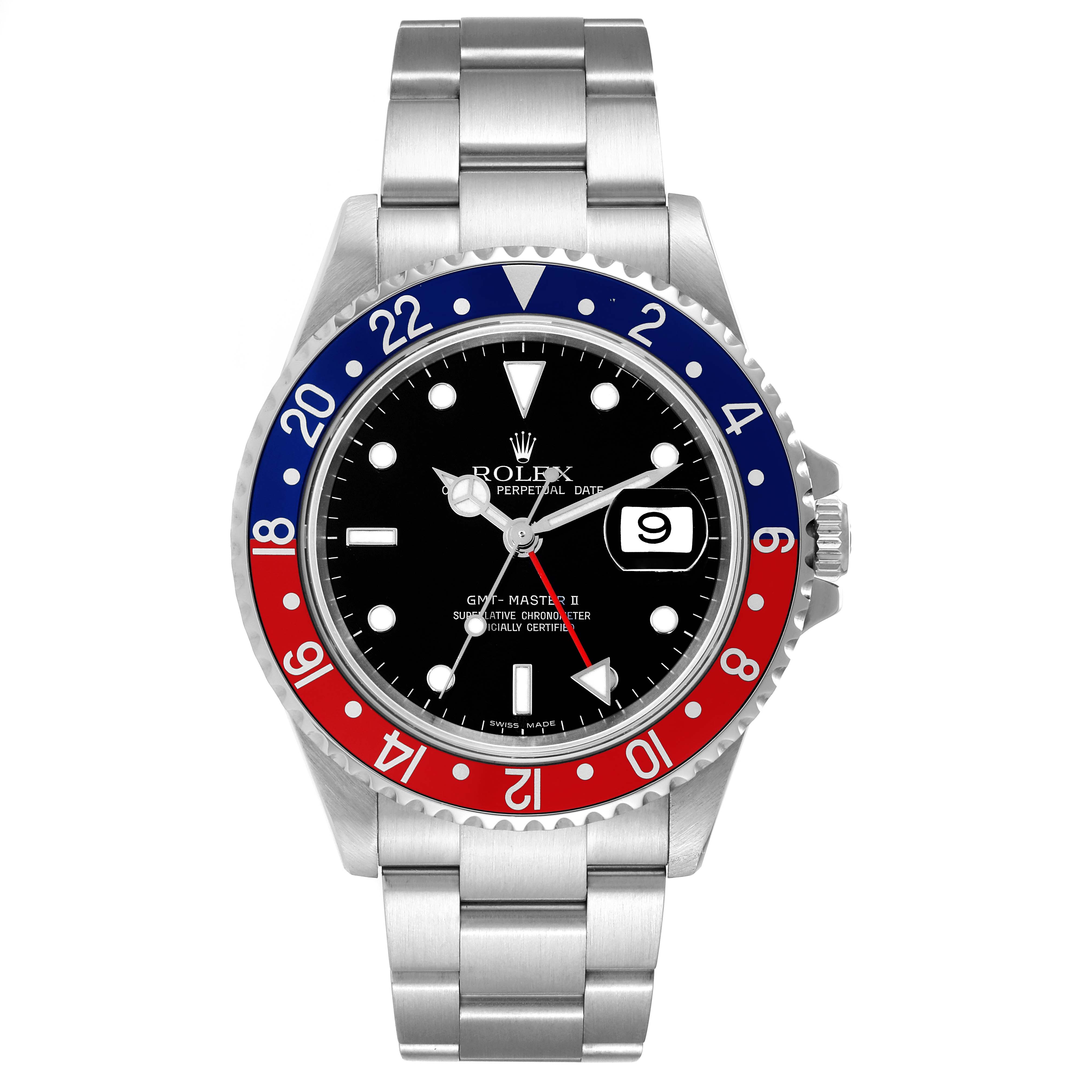 This image shows a front view of the Rolex GMT-Master 16710 Men
s Stainless Steel Black Dial 16710 Men
s Stainless Steel Black Dial watch, highlighting its dial, bezel, and bracelet.