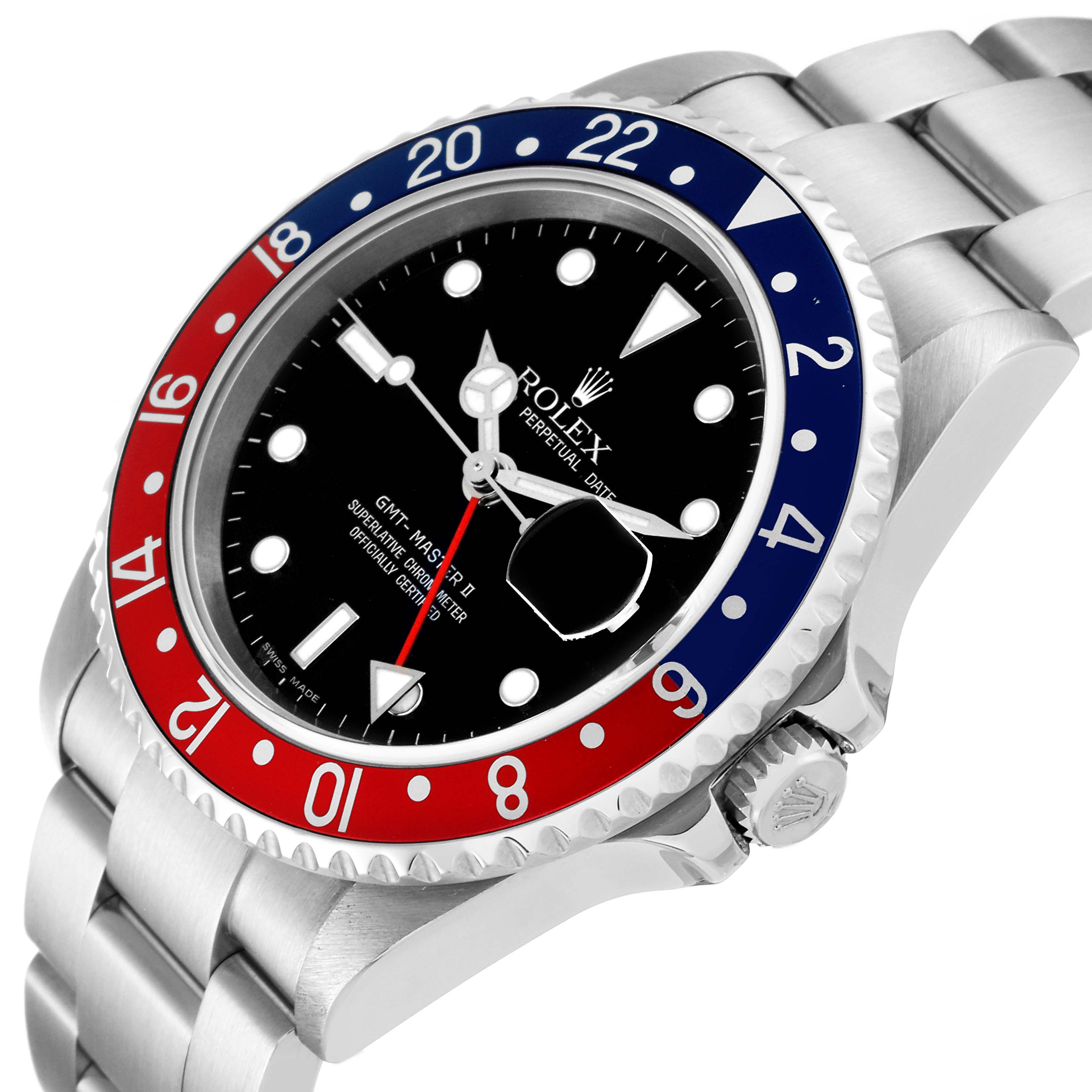 The image shows a side angle of the Rolex GMT-Master 16710 Men
s Stainless Steel Black Dial 16710 Men
s Stainless Steel Black Dial II watch, featuring a "Pepsi" bezel and a stainless steel bracelet.