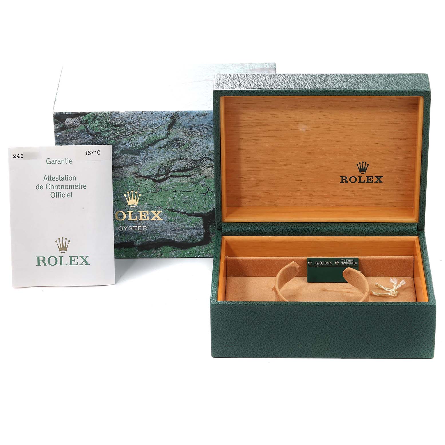 The image shows an open Rolex GMT-Master 16710 Men
s Stainless Steel Black Dial 16710 Men
s Stainless Steel Black Dial watch box, its outer box, and a warranty booklet.