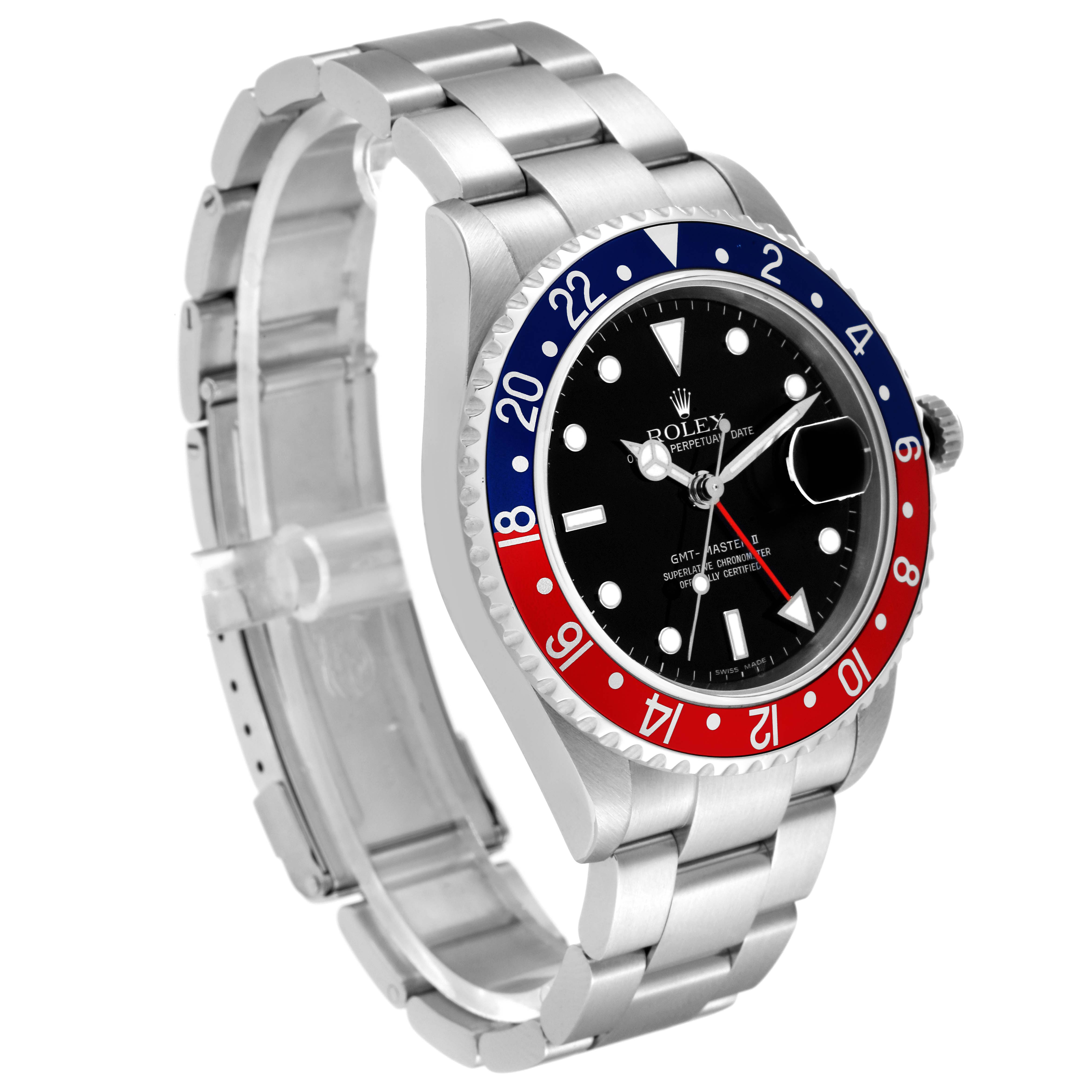 The image shows a Rolex GMT-Master 16710 Men
s Stainless Steel Black Dial 16710 Men
s Stainless Steel Black Dial watch at a three-quarter angle, highlighting its bezel, dial, and bracelet.