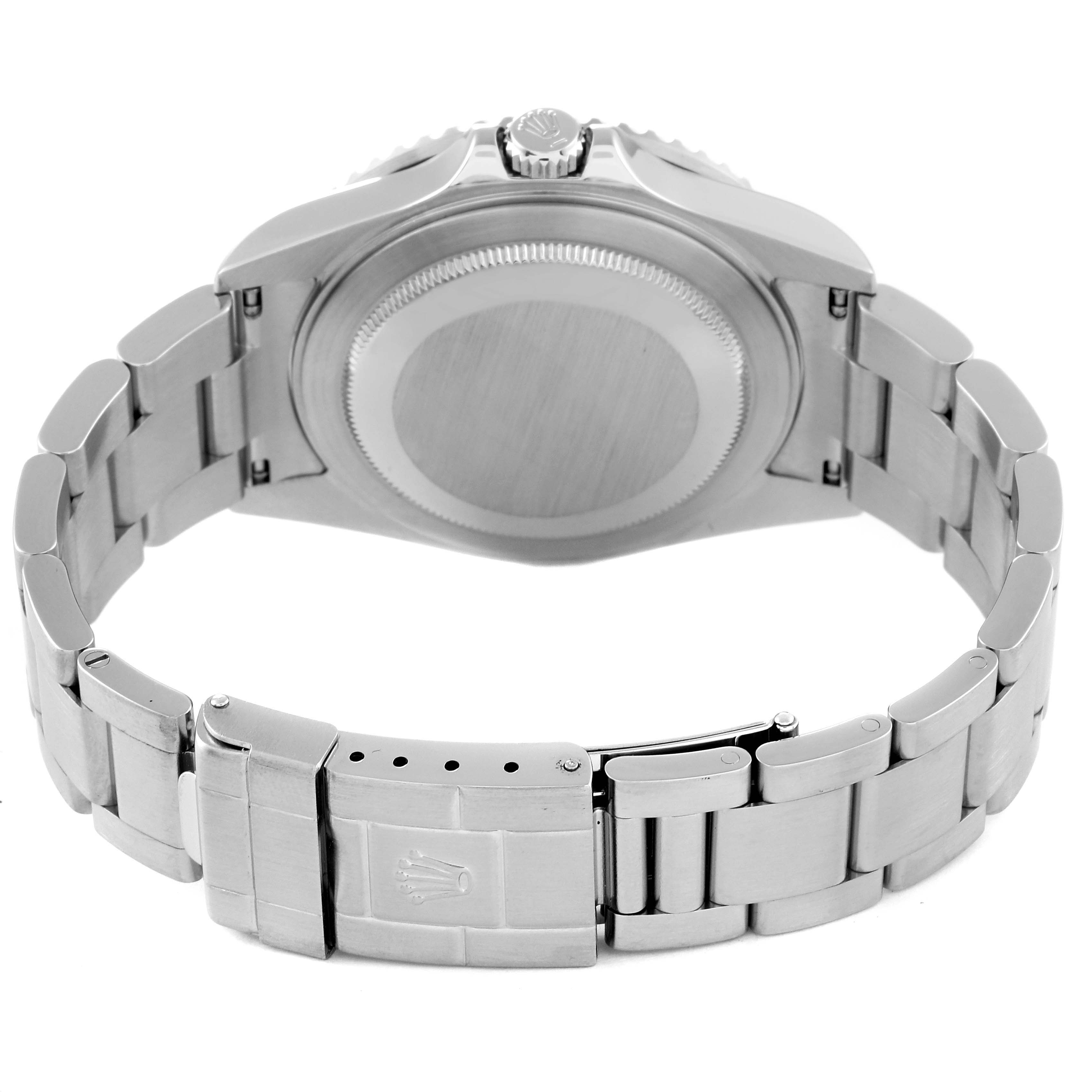 This image shows the back case and clasp of a Rolex GMT-Master 16710 Men
s Stainless Steel Black Dial 16710 Men
s Stainless Steel Black Dial watch from a low rear angle.