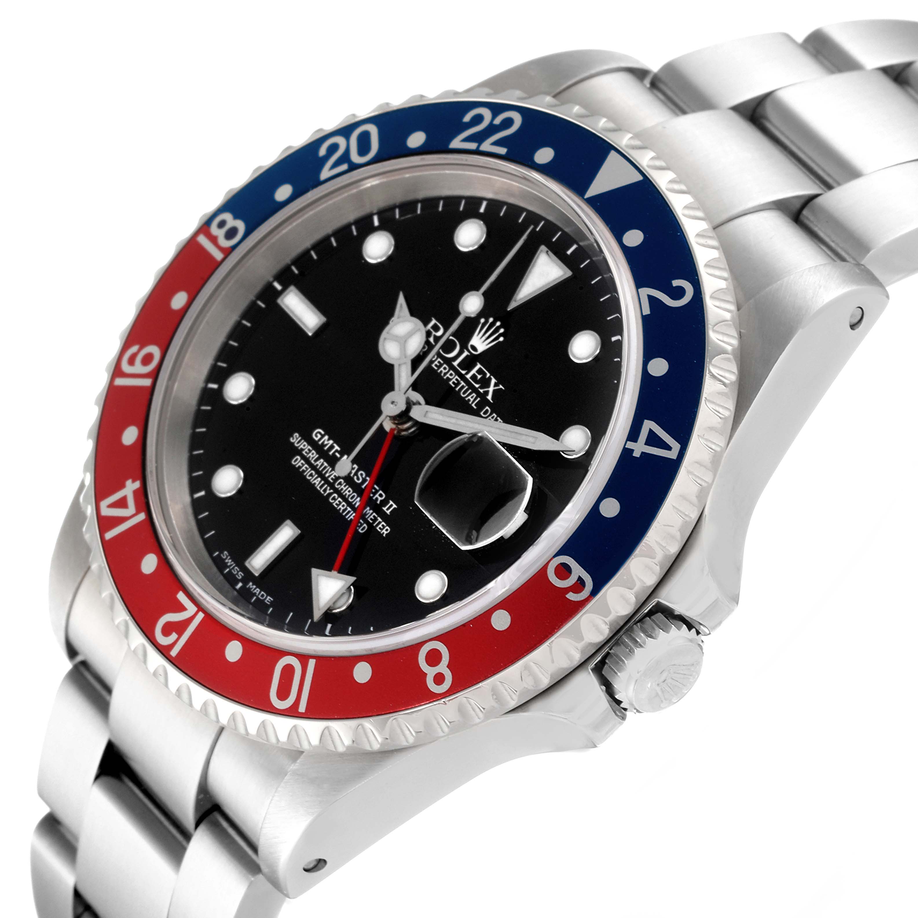 The image shows a Rolex GMT-Master 16710 Men
s Stainless Steel Black Dial 16710 Men
s Stainless Steel Black Dial watch from an angled side view, highlighting its bezel, dial, bracelet, and crown.