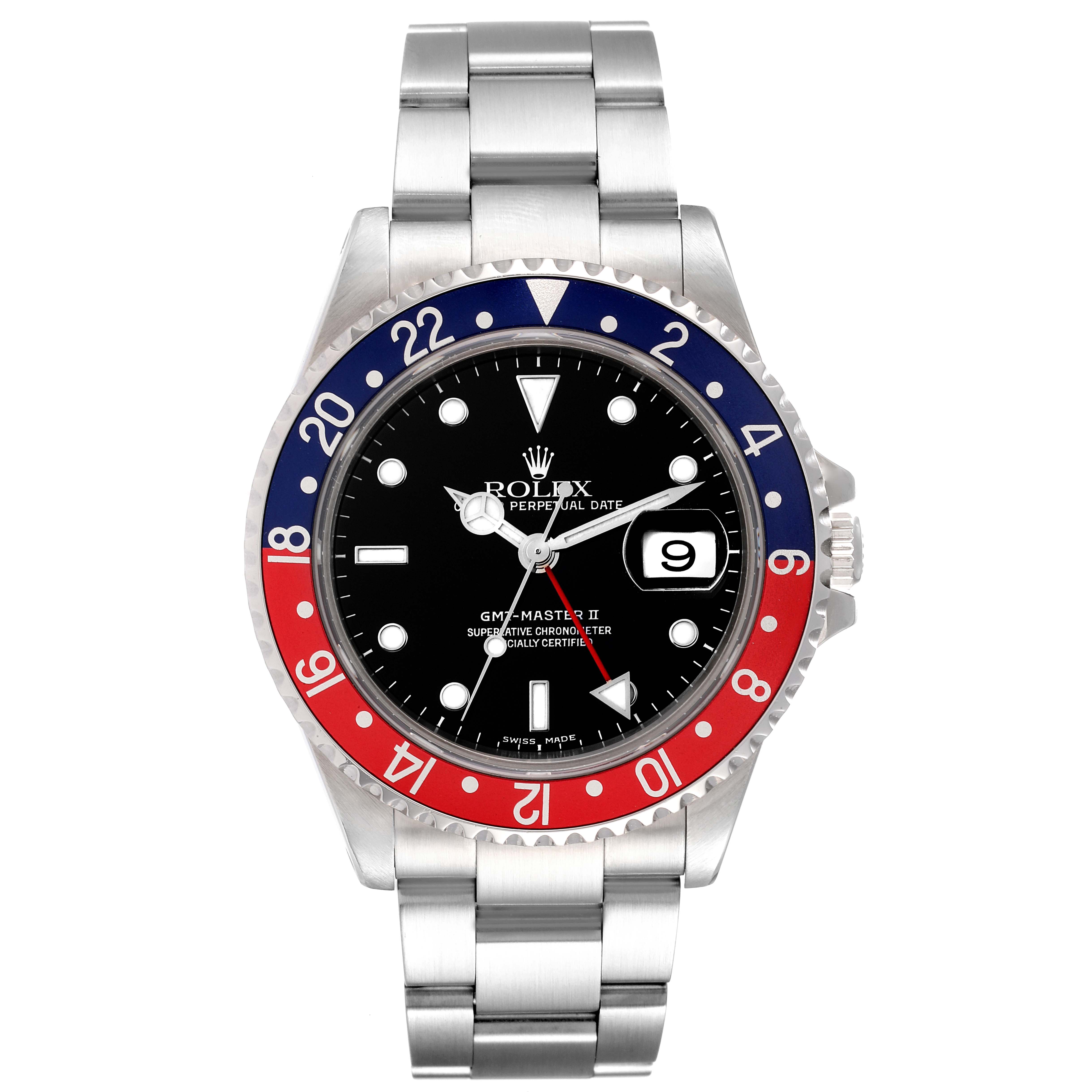 This image shows a front view of a Rolex GMT-Master 16710 Men
s Stainless Steel Black Dial 16710 Men
s Stainless Steel Black Dial II watch, featuring a Pepsi bezel and stainless steel bracelet.