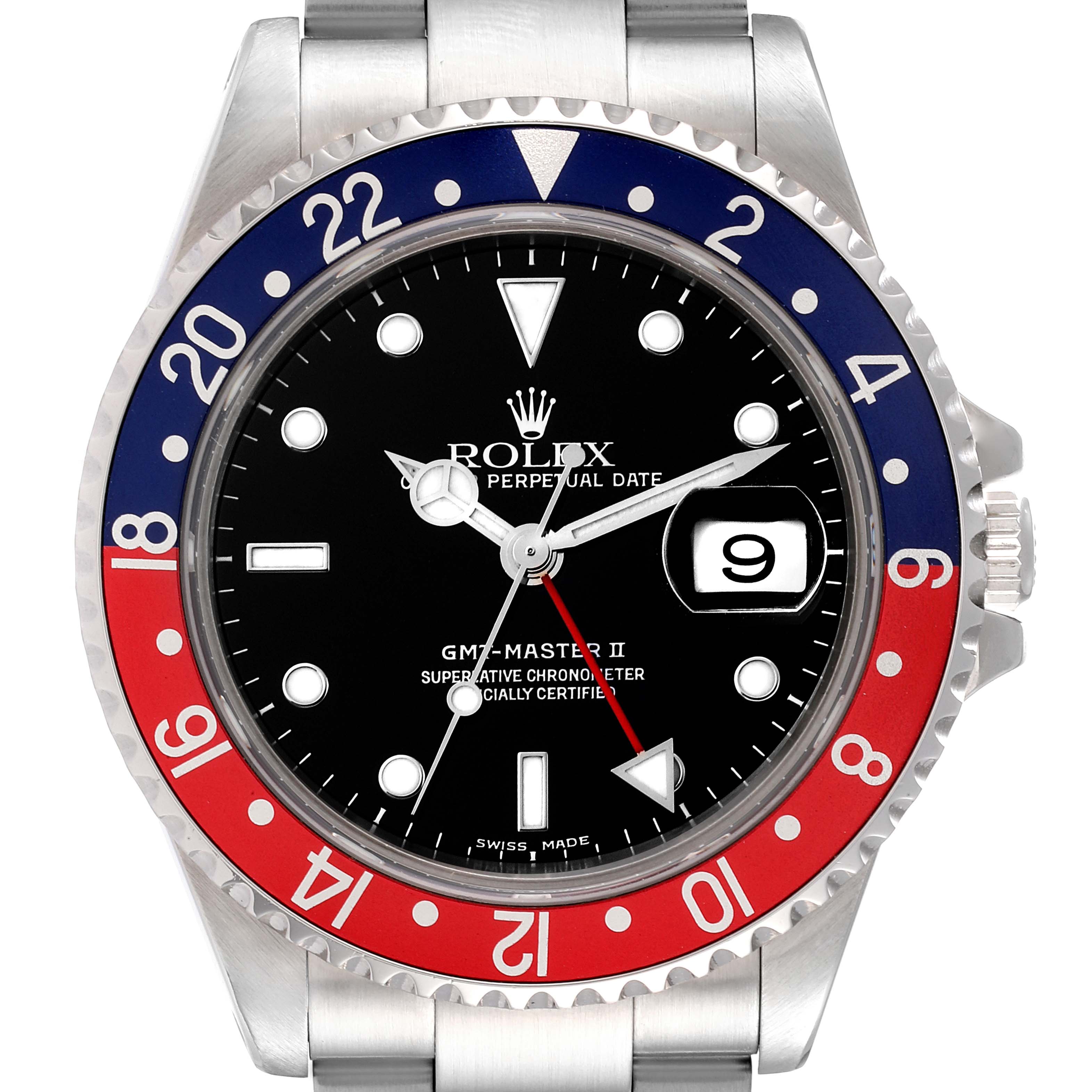 This image shows the Rolex GMT-Master 16710 Men
s Stainless Steel Black Dial 16710 Men
s Stainless Steel Black Dial II watch from a front view, highlighting its bezel, dial, hands, and date window.
