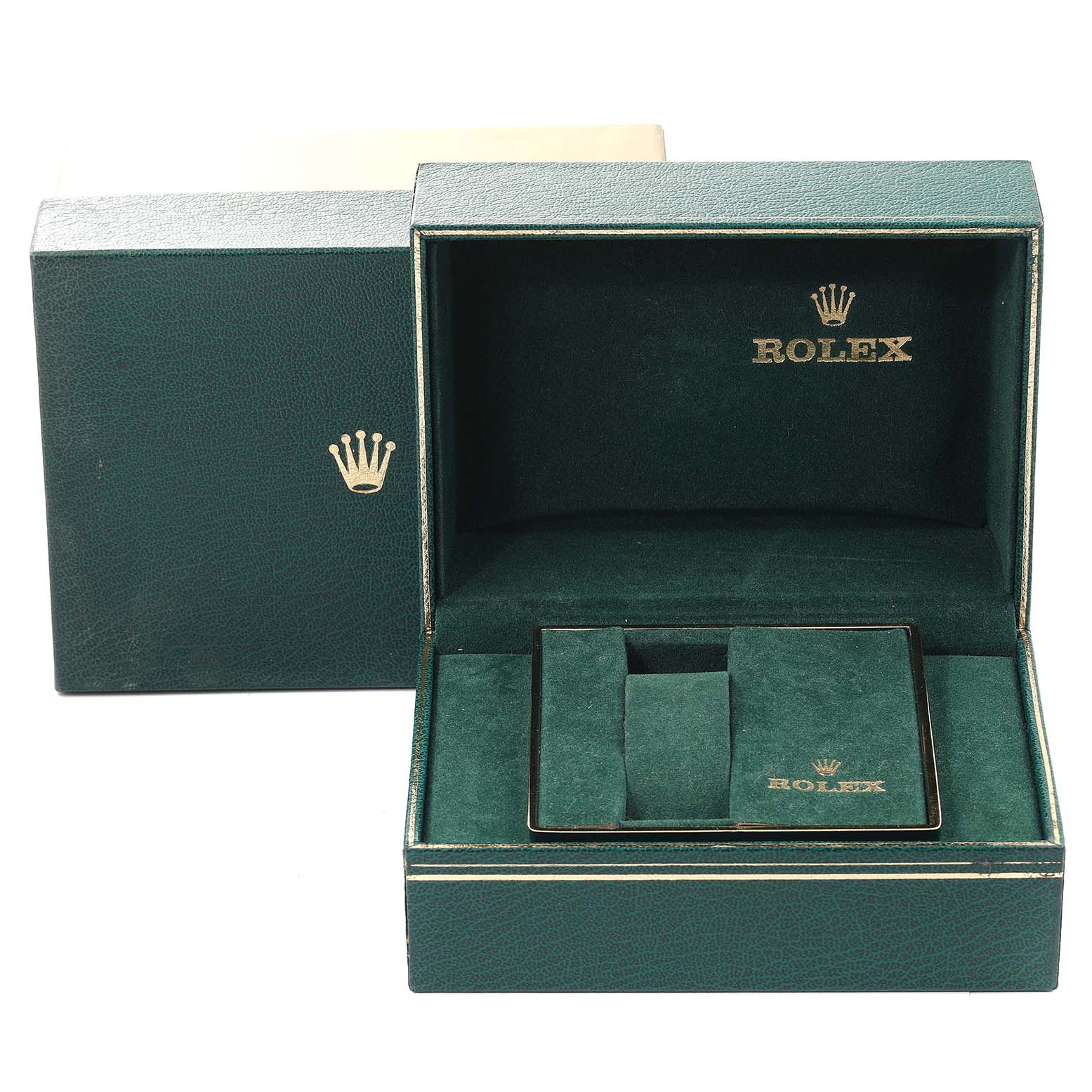 The image shows the open display case and external packaging for the Vintage Collection model by Rolex.