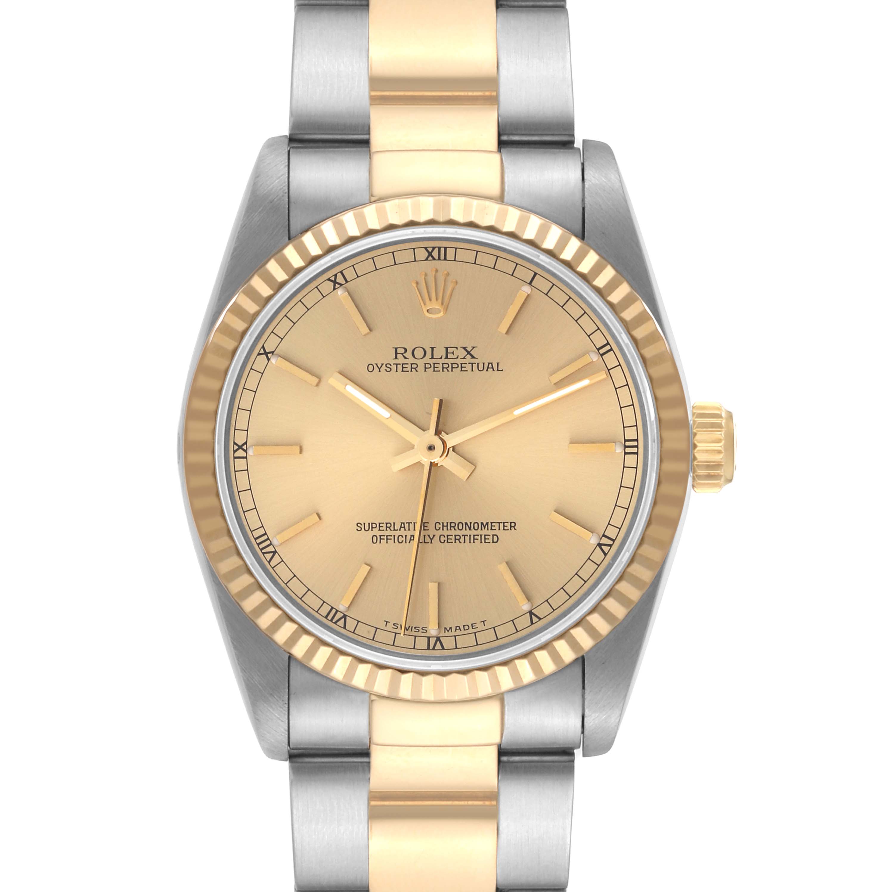 The image shows a frontal view of a Rolex Mid-Size 67513 Women's Steel and Gold (two tone) Champagne Dial 67513 Women's Steel and Gold (two tone) Champagne Dial Oyster Perpetual watch, including its face and part of the bi-metal bracelet.