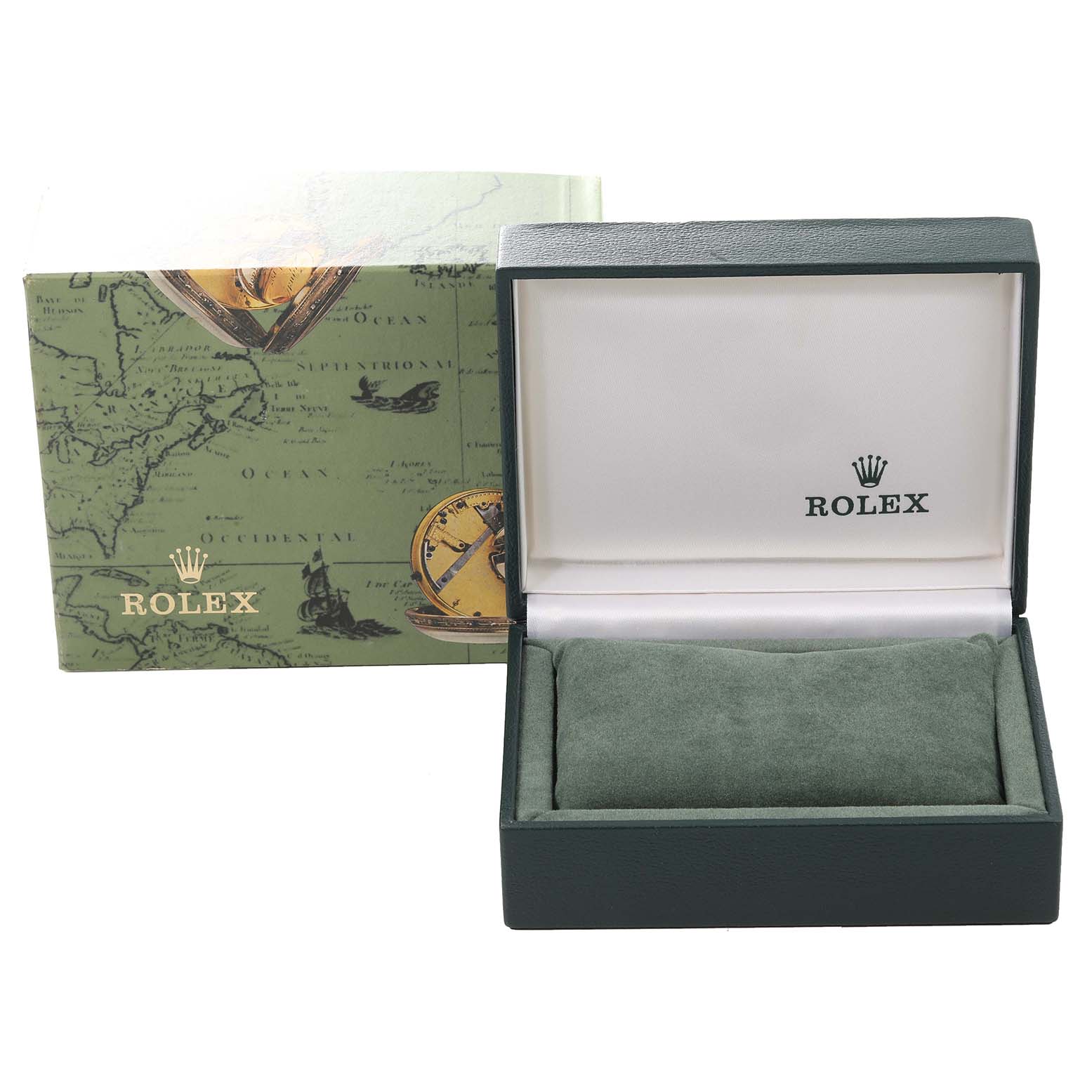 The image shows a Rolex Mid-Size 67513 Women's Steel and Gold (two tone) Champagne Dial 67513 Women's Steel and Gold (two tone) Champagne Dial model watch box and packaging from a front angle.