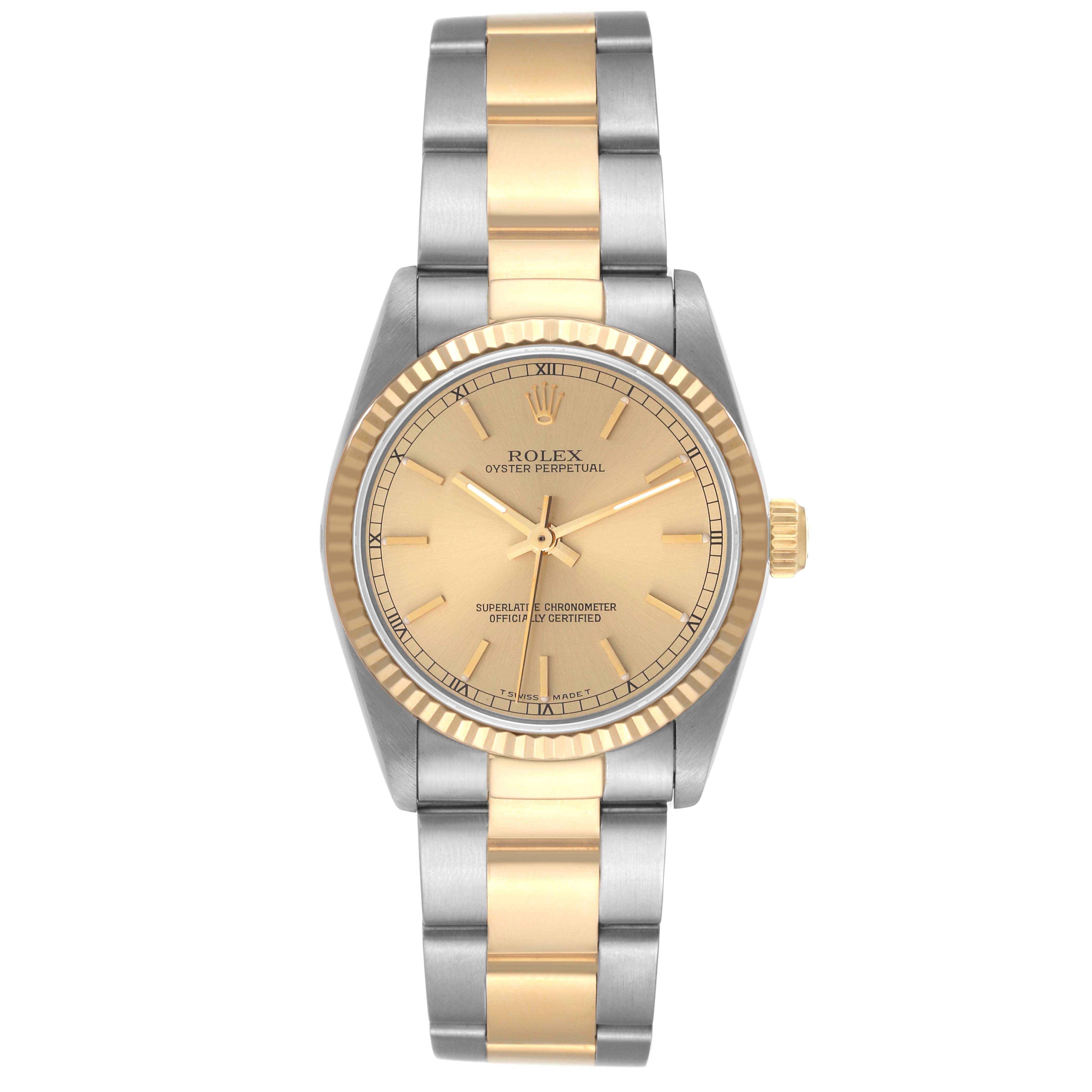 The image shows a Rolex Oyster Perpetual Mid-Size watch with a gold and silver two-tone bracelet, dial, and fluted bezel.