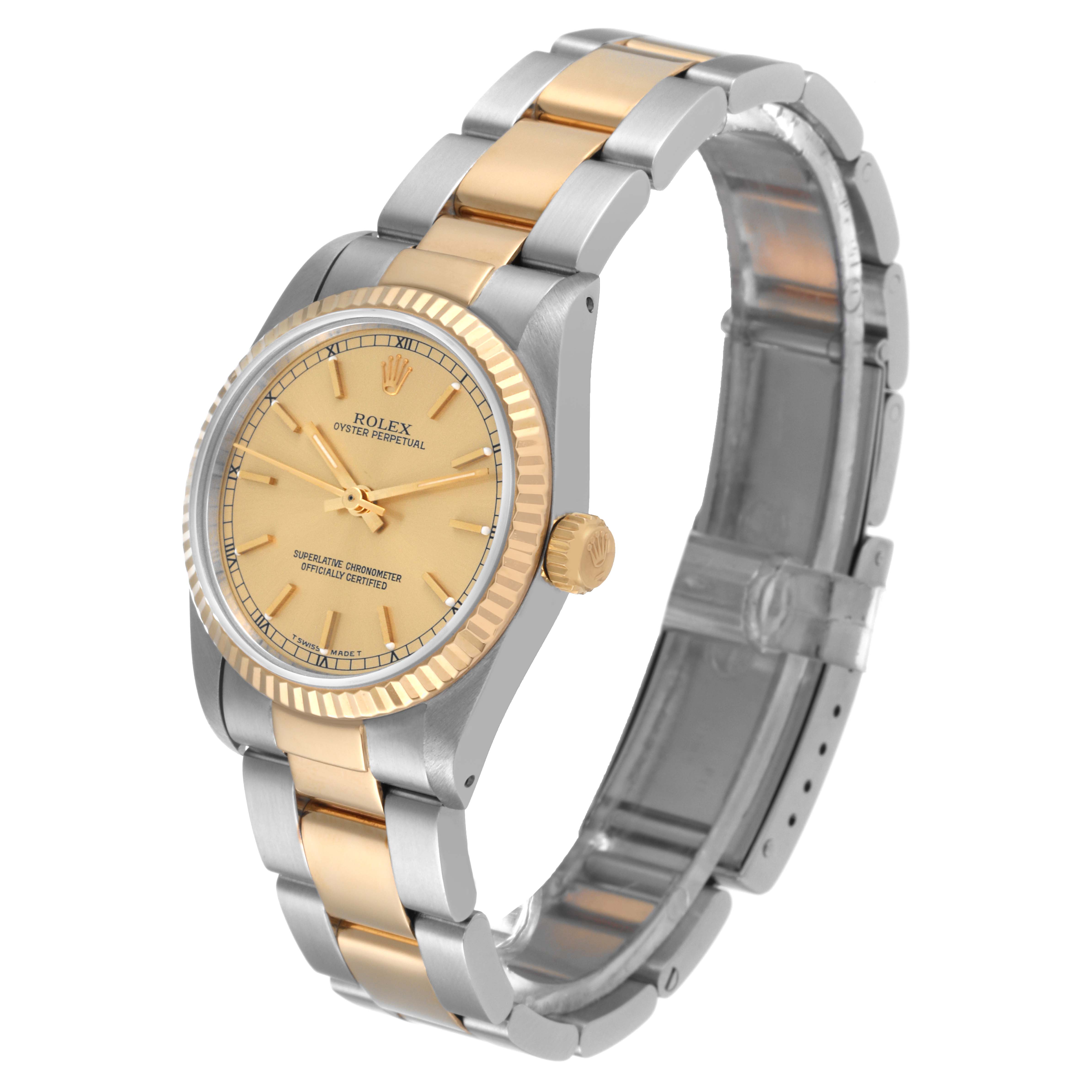 The image shows a Rolex Mid-Size 67513 Women's Steel and Gold (two tone) Champagne Dial 67513 Women's Steel and Gold (two tone) Champagne Dial Oyster Perpetual watch at an angle displaying the dial, bracelet, clasp, and crown.