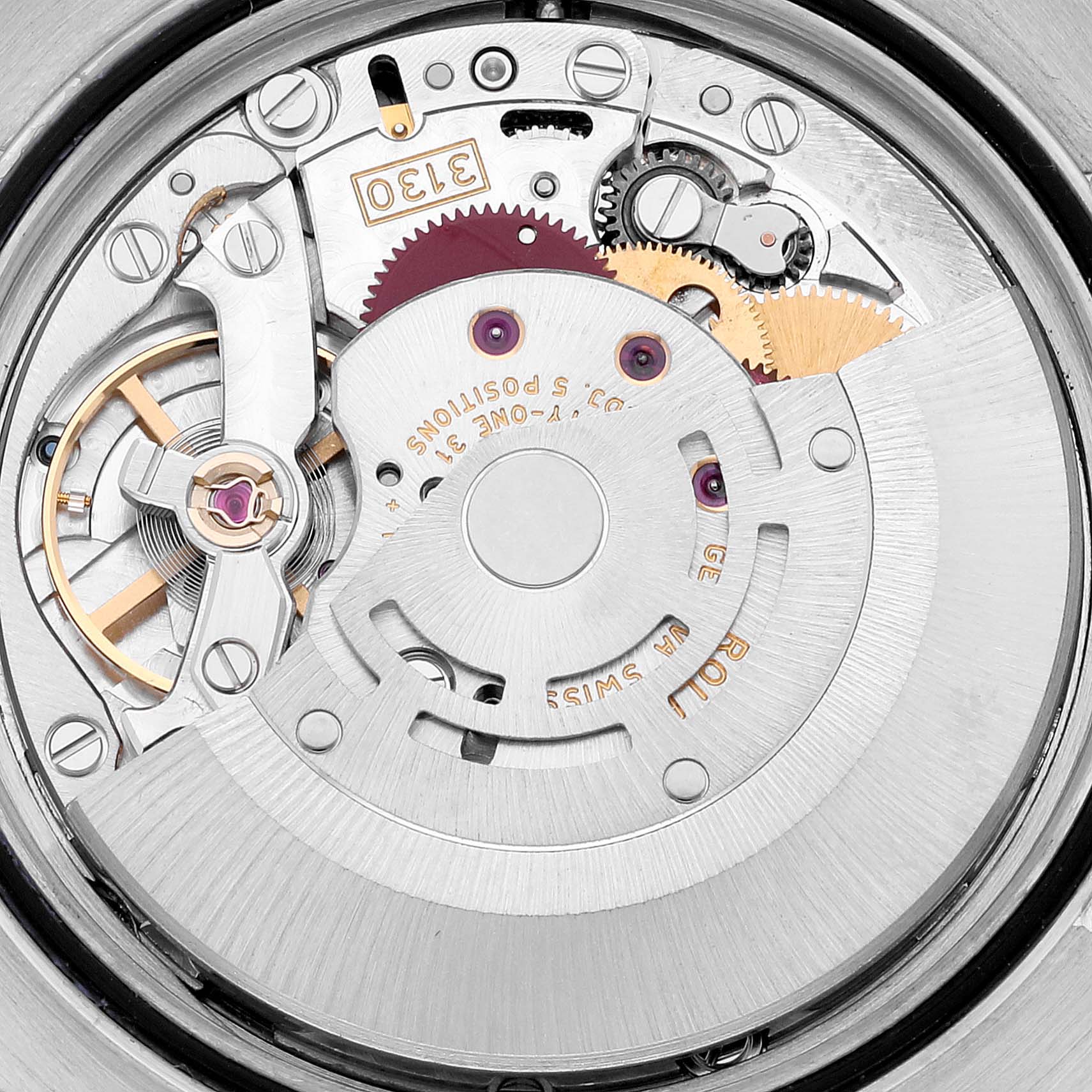 This image shows the internal mechanism and movement of a Rolex Oyster Perpetual 116034 Men's Stainless Steel Silver Dial 116034 Men's Stainless Steel Silver Dial watch from a close-up angle.