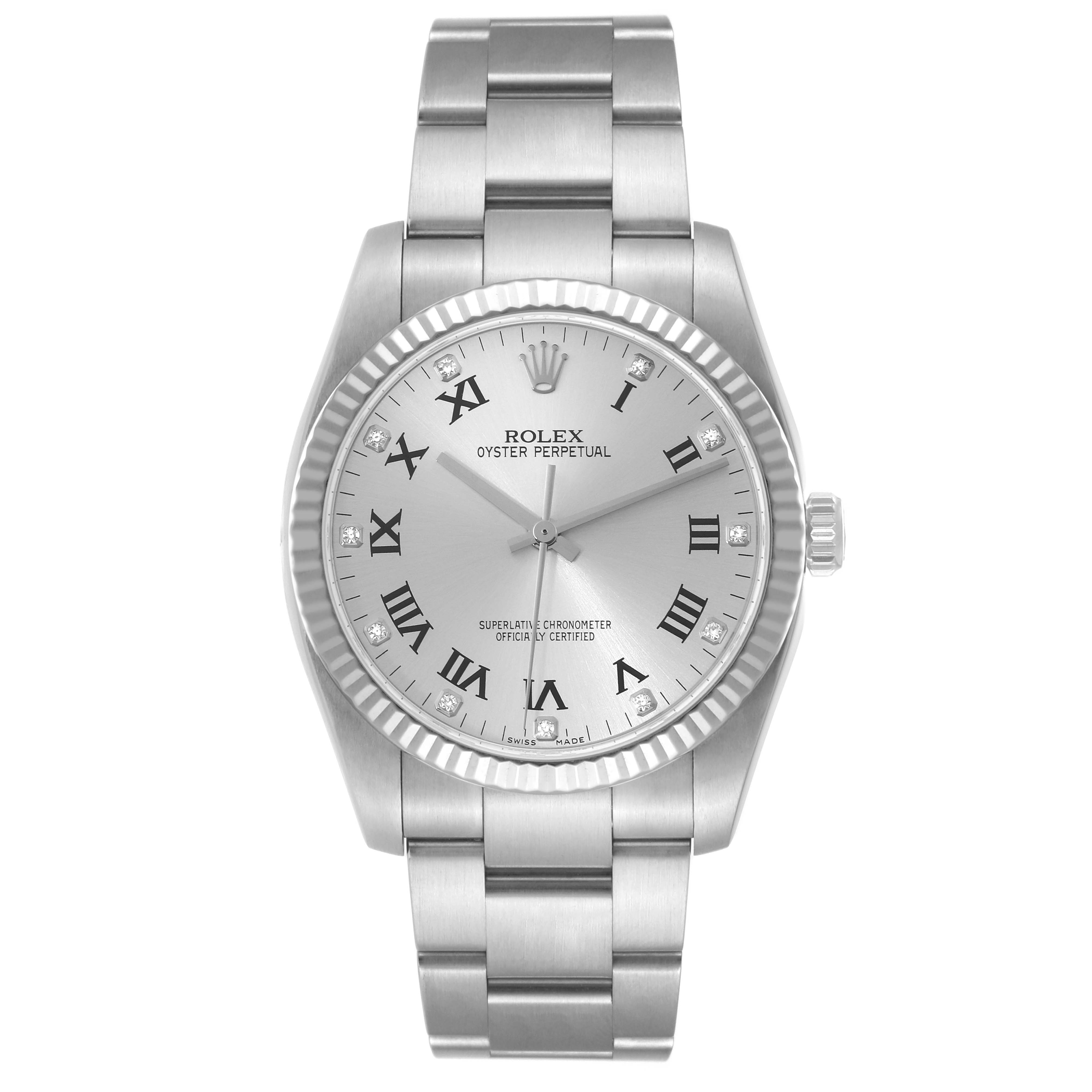 The Rolex Oyster Perpetual 116034 Men's Stainless Steel Silver Dial 116034 Men's Stainless Steel Silver Dial watch is shown from a front angle, displaying the dial, bracelet, and case.
