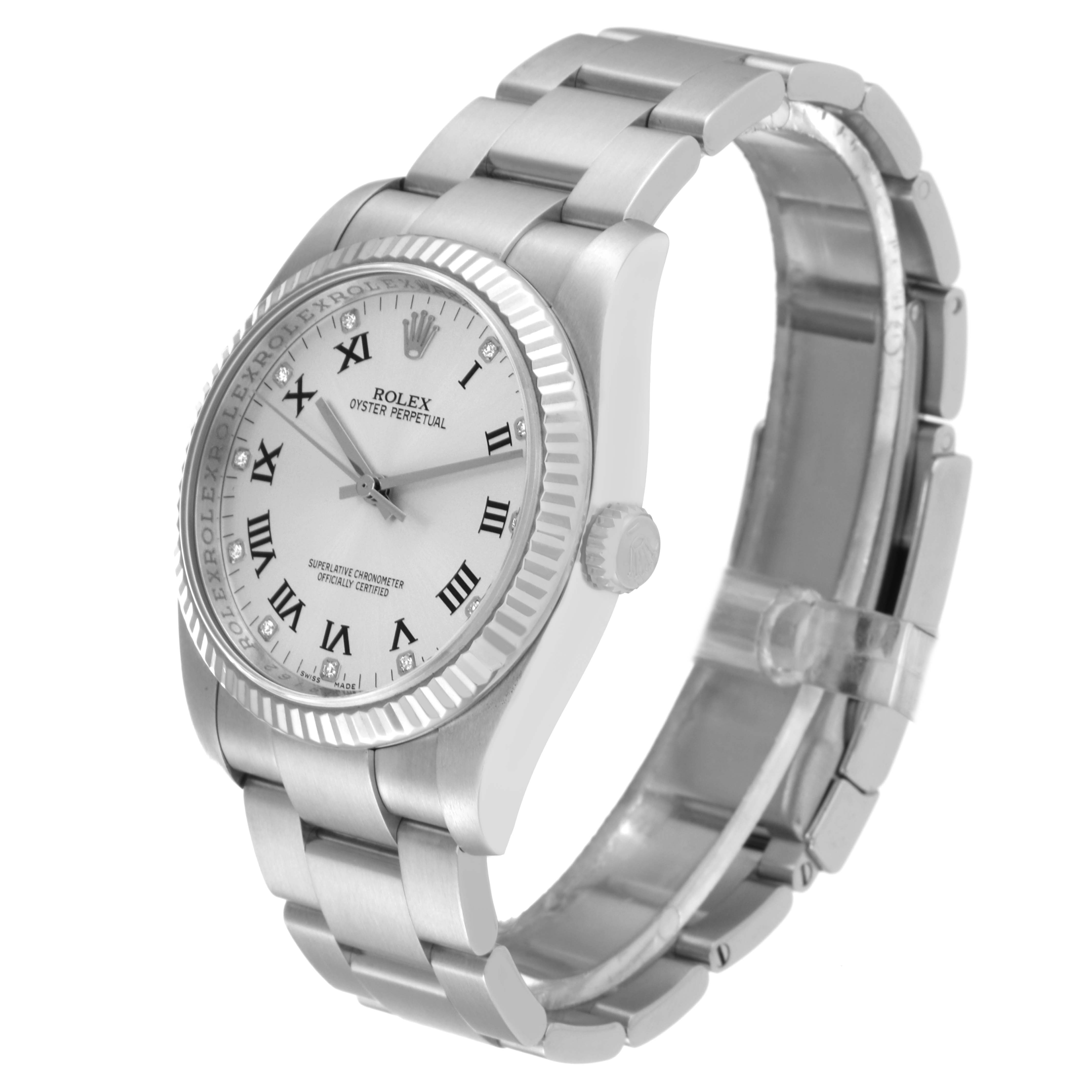 The image shows a Rolex Oyster Perpetual 116034 Men's Stainless Steel Silver Dial 116034 Men's Stainless Steel Silver Dial watch at a three-quarter angle, highlighting the face, bezel, crown, and bracelet.